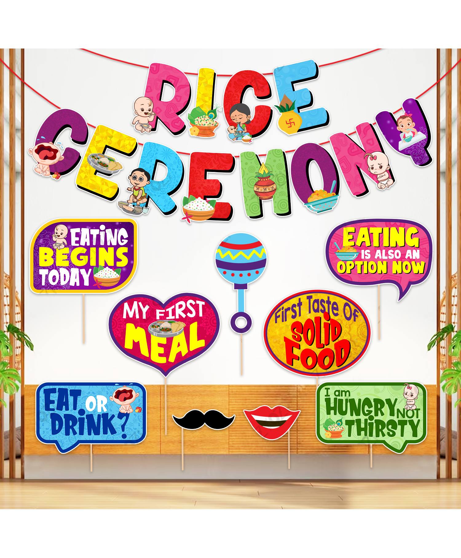 Zyozi Rice Ceremony Banner & Photo Booth Props, Props For Decorations, MultiColor - Pack Of 10-picture-22