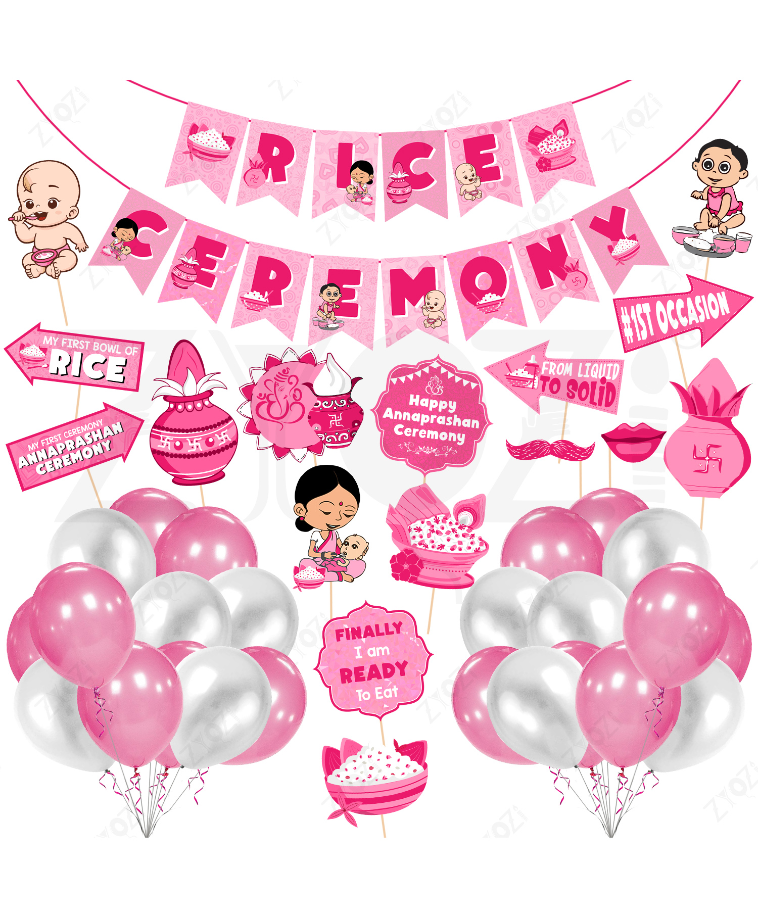 Zyozi Rice Ceremony Decorations Combo Banner, Balloons & Photo Booth Pink & White - Pack Of 42-picture-49
