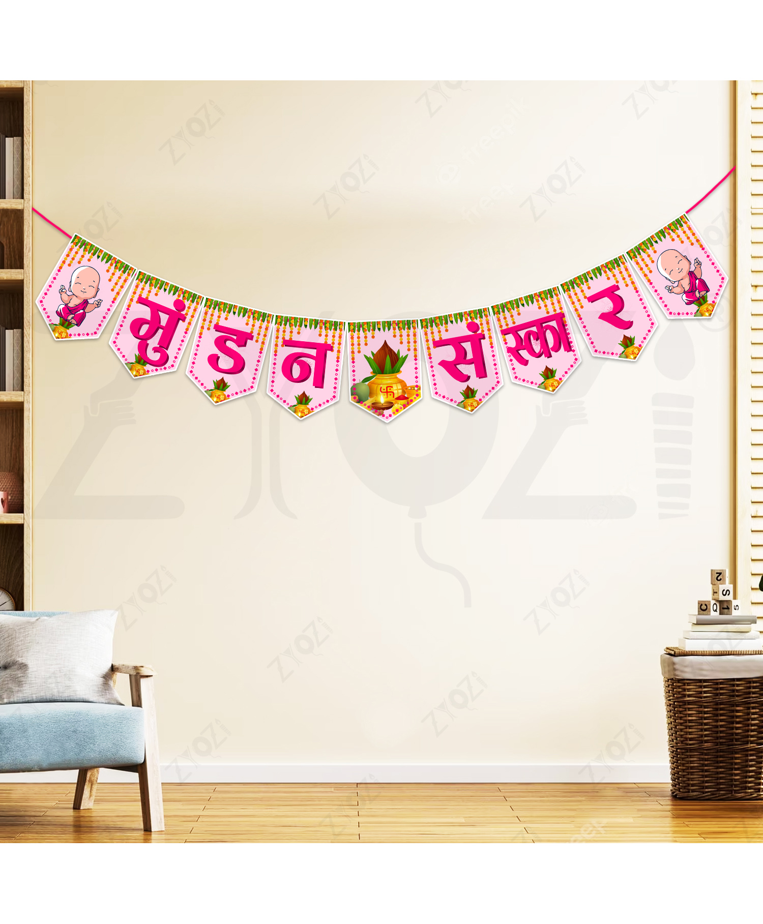 Zyozi Mundan Sanskar Banner, Mundan Ceremony Hindi Font Banner Pink-picture-15