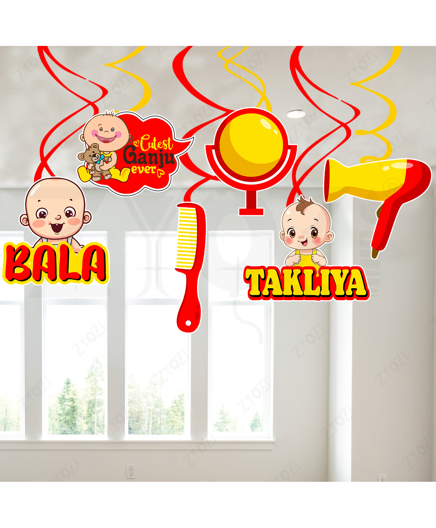 Zyozi Hair Cut Theme Decorations Hanging Swirls | Baby First Hair Cut Decorations Kit Red & Yellow - Pack Of 6-picture-34