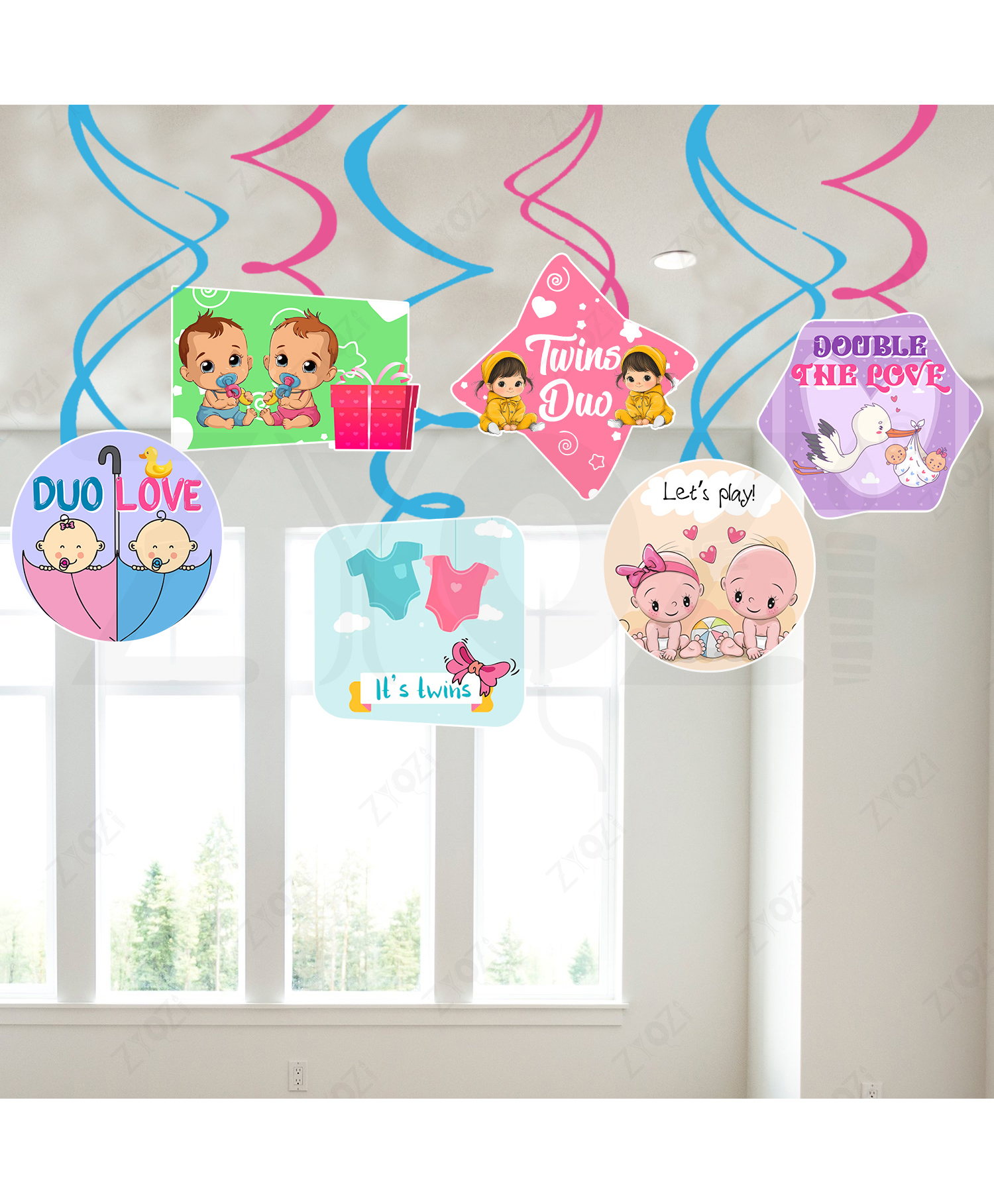 Zyozi Twins Baby Shower Decorations Items, Baby Shower Hanging Swirls Multicolor - Pack Of 6-image-49