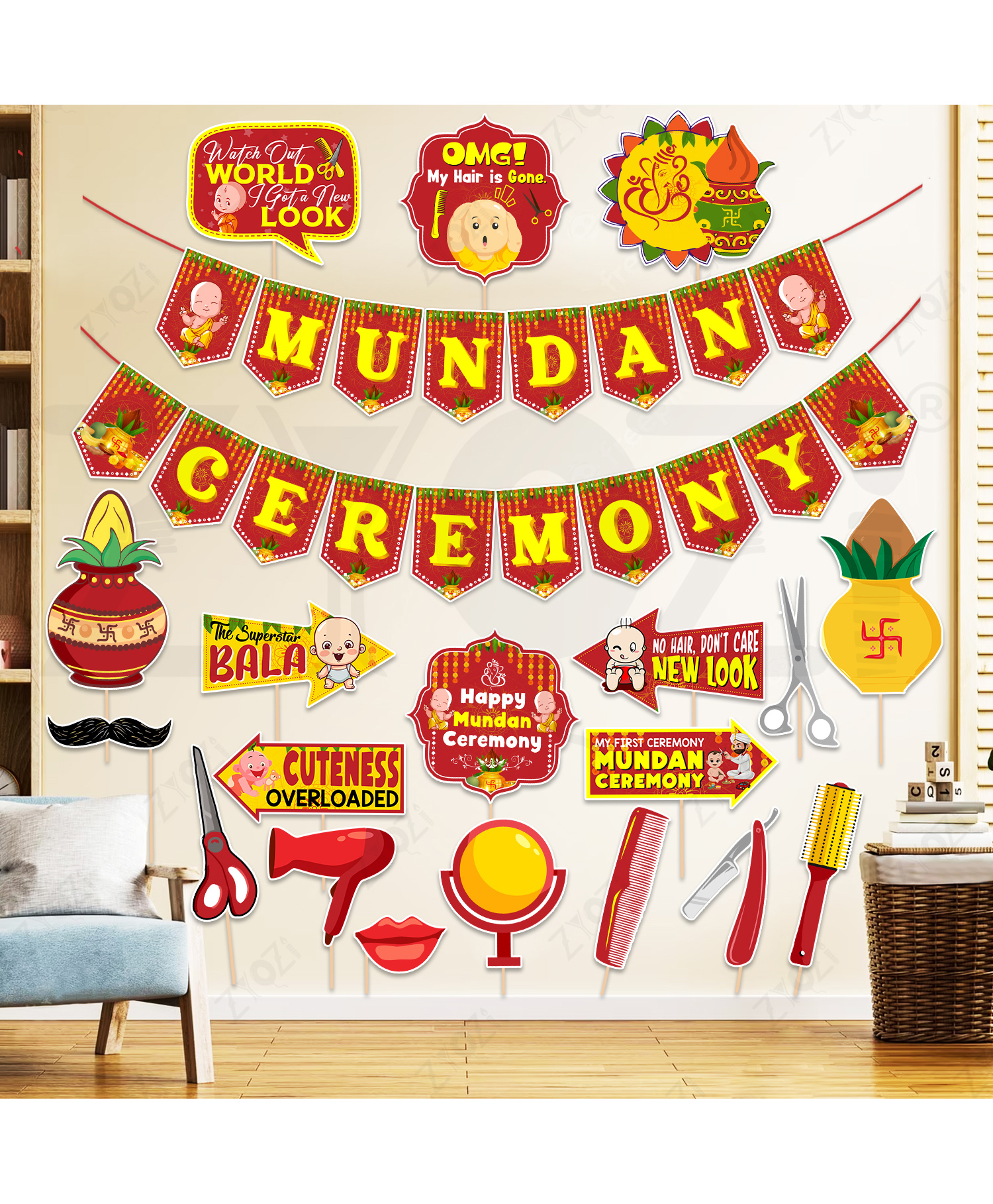 Zyozi Red & Yellow Mundan Ceremony Decorations Item Banner & Photo Booth Props - Pack of 20-image-28