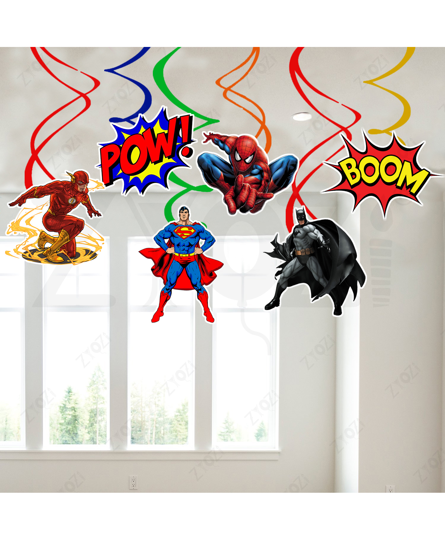 Zyozi Superhero Theme Birthday Decorations Hanging Swirls, MultiColor - Pack Of 6