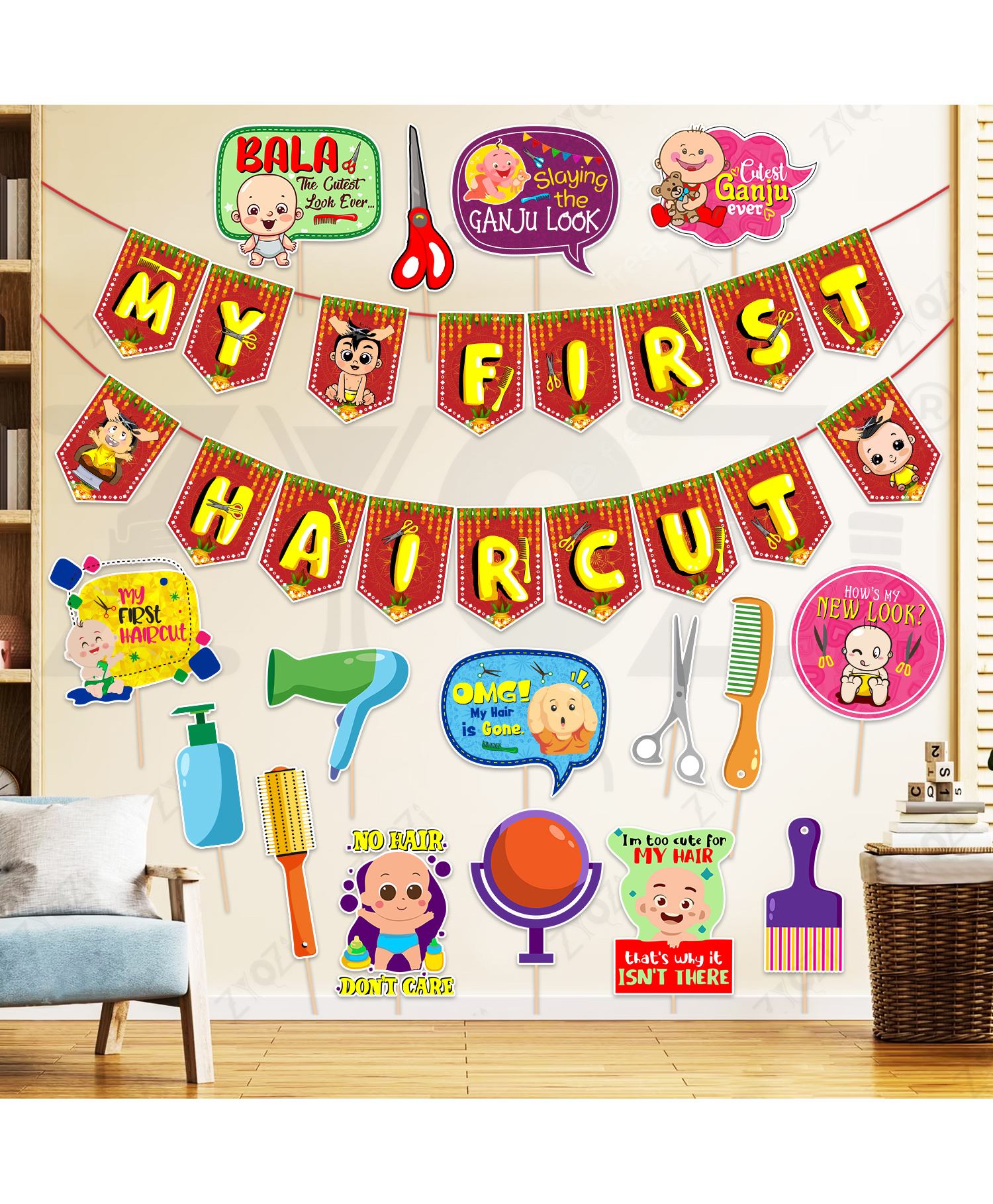 Zyozi Multicolor My First Hair Cut Theme Decorations Combo Pack of 17
