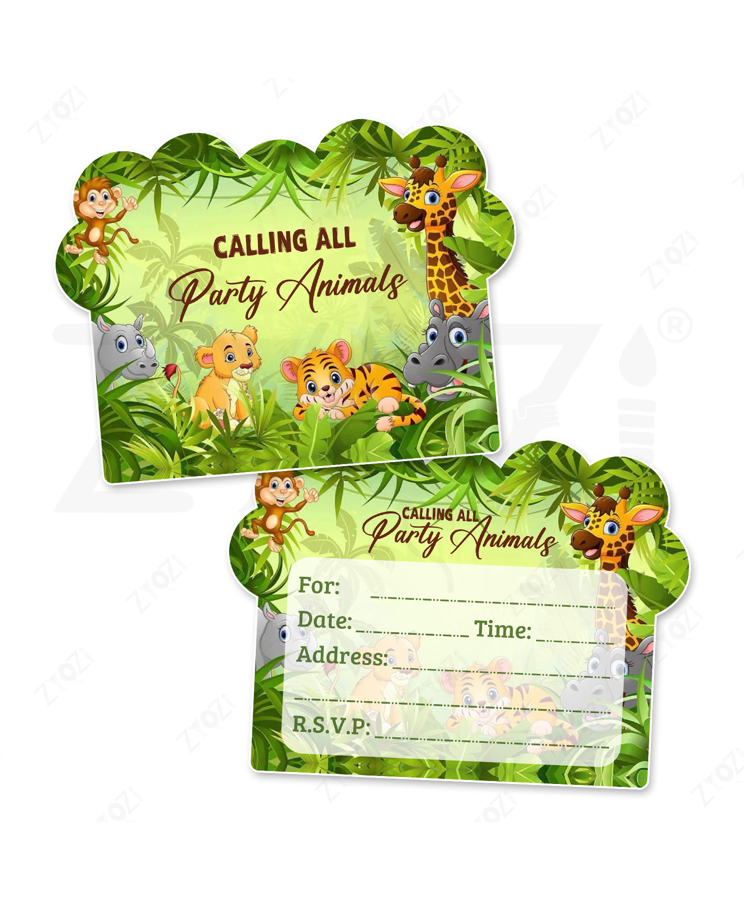 ZYOZI Jungle Safarii Animals Theme Invitation Card MultiColor Pack Of 32