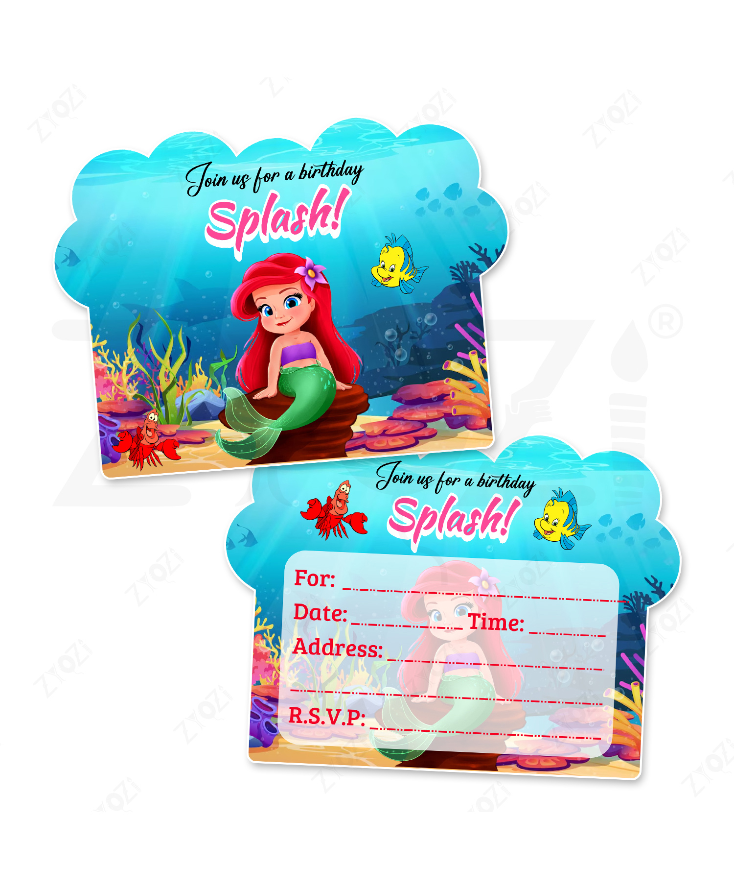 ZYOZI Mermaid Theme Invitation Cards, Birthday Invitation Card For Kids MultiColor - Pack Of 32