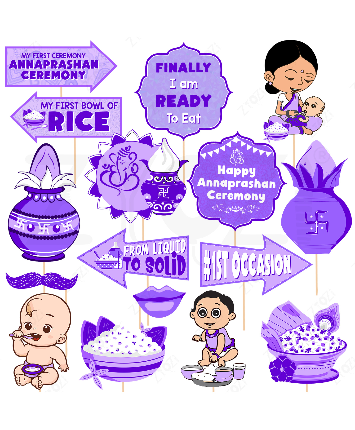 Zyozi Annaprashan Ceremony Decorations Photo Booth Props Purple & White - Pack of 16-picture-18