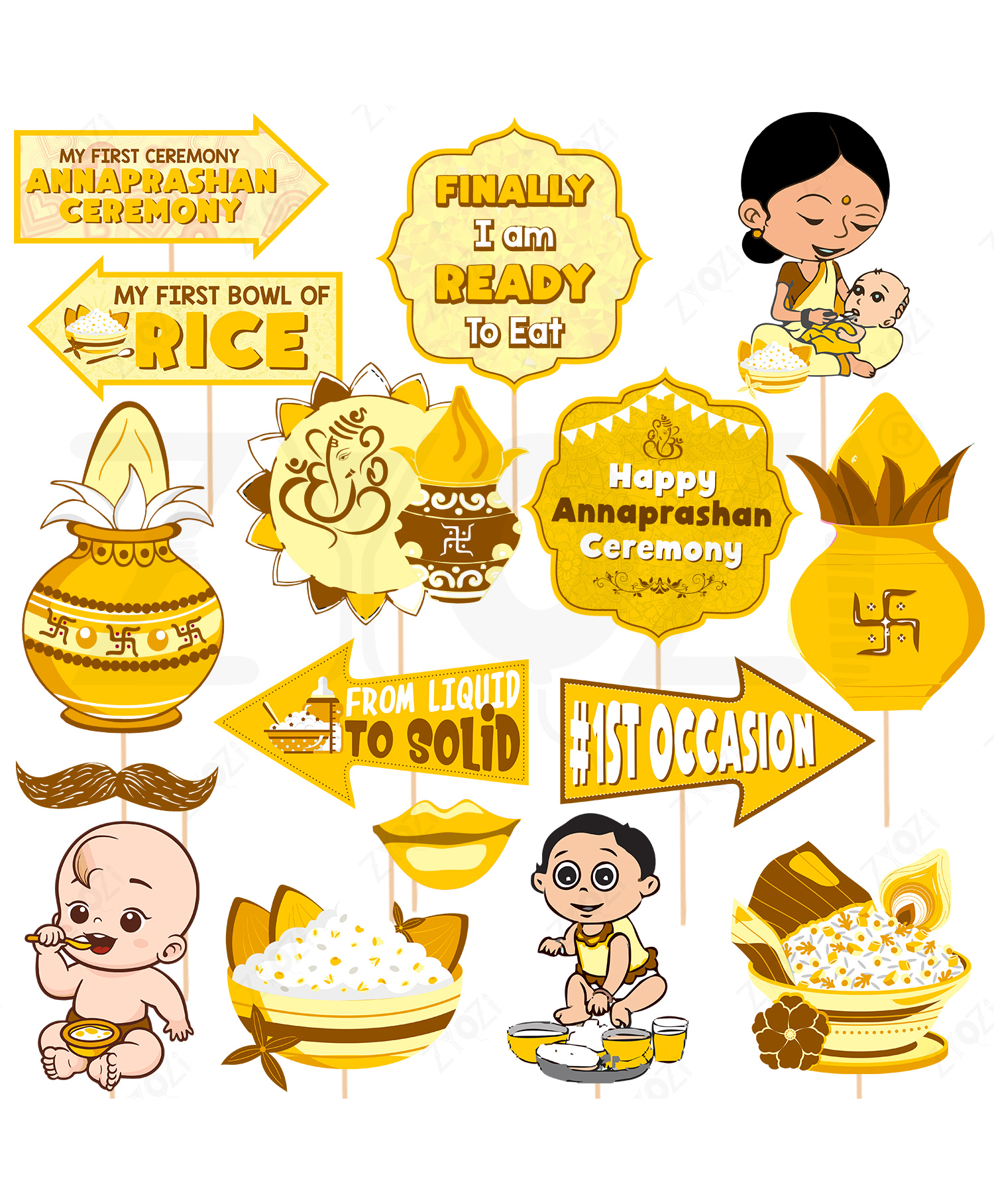 Zyozi Annaprashan Decorations Photo Booth Props Yellow & Brown - Pack of 16-picture-24
