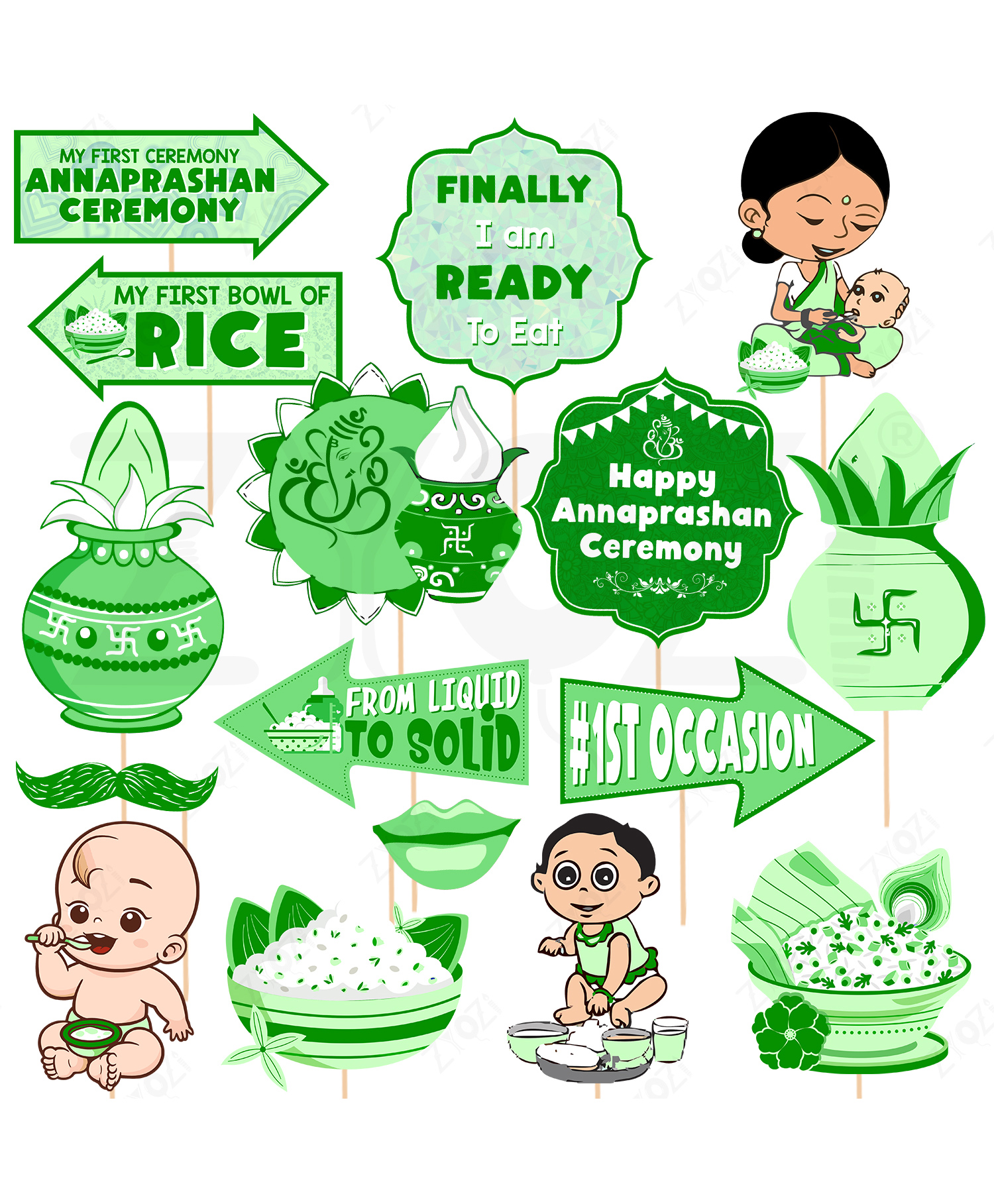 Zyozi Annaprashan Decorations Photo Booth Props Green & White - Pack of 16-picture-34