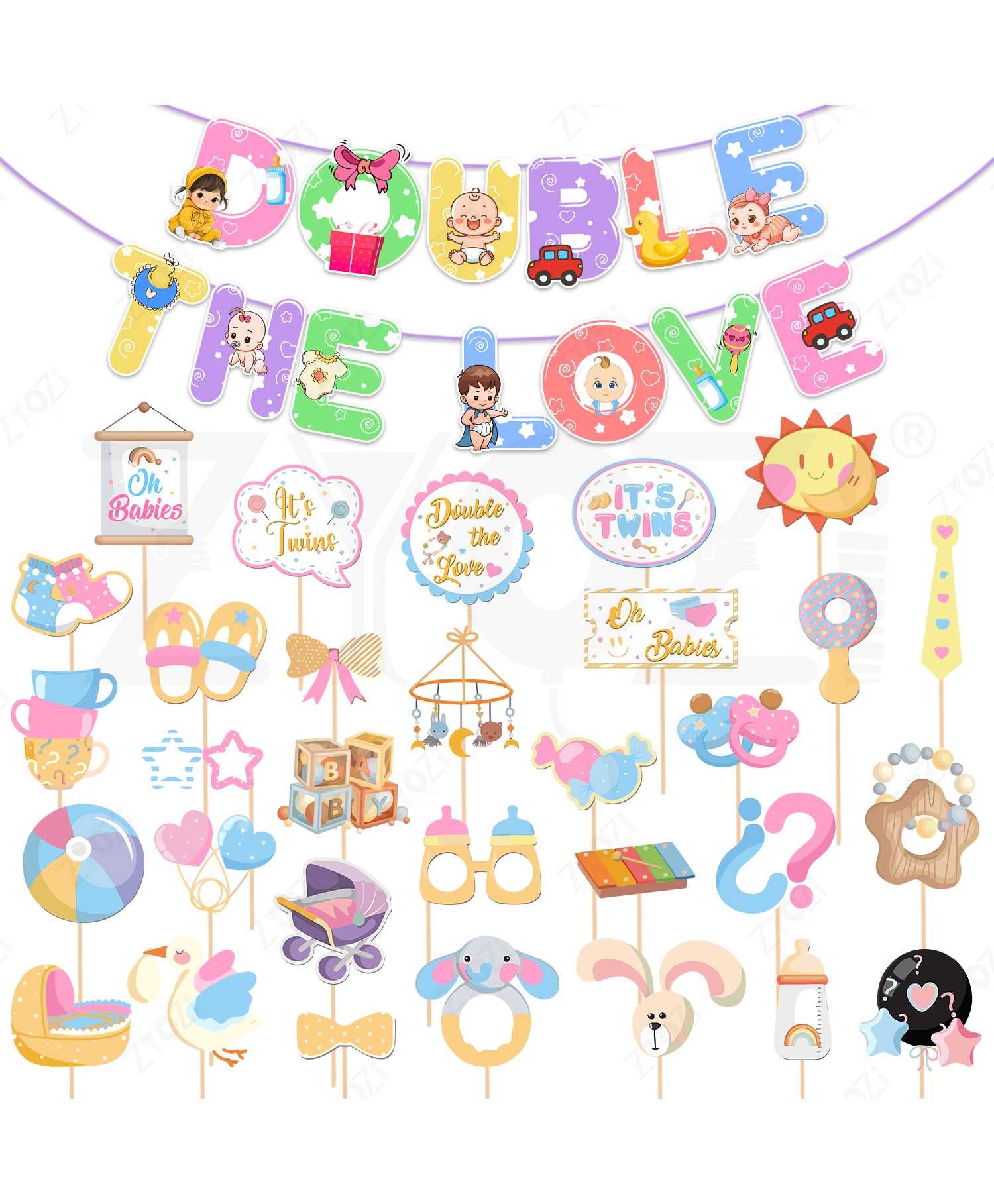 Zyozi Twins Baby Shower Decorations Combo Banner & Photo Booth Props Multicolor - Pack Of 32-picture-28