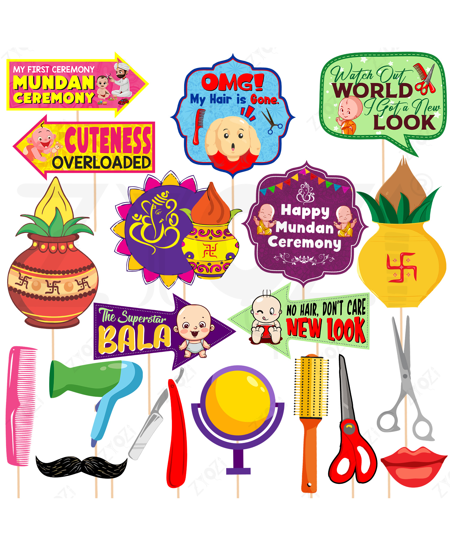Zyozi Multicolor Mundan Ceremony Decorations Photo Booth Props - Pack of 19-picture-43