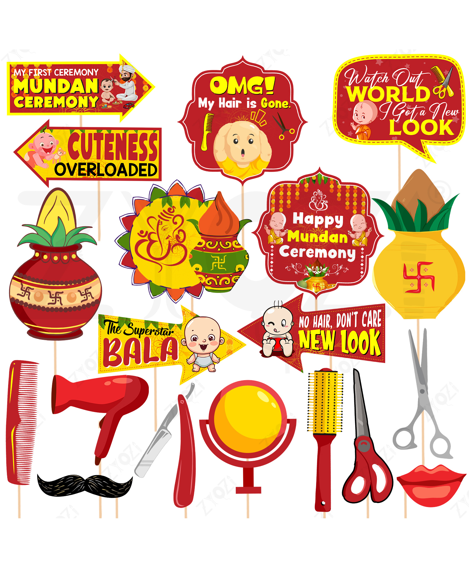 Zyozi Red & Yellow Theme Mundan Ceremony Decorations Photo Booth Props - Pack of 19-picture-19