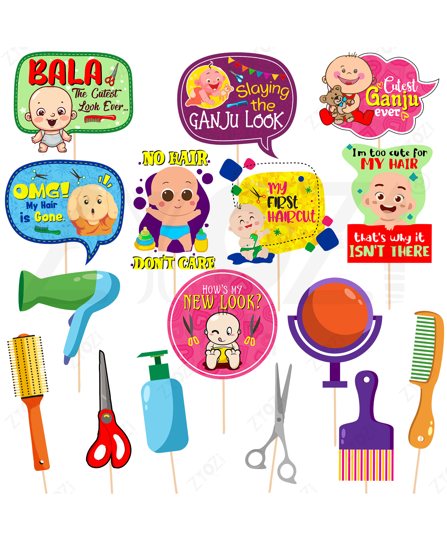 Zyozi Multicolor My First Hair Cut Theme Photo Booth Props - Pack of 16-picture-33