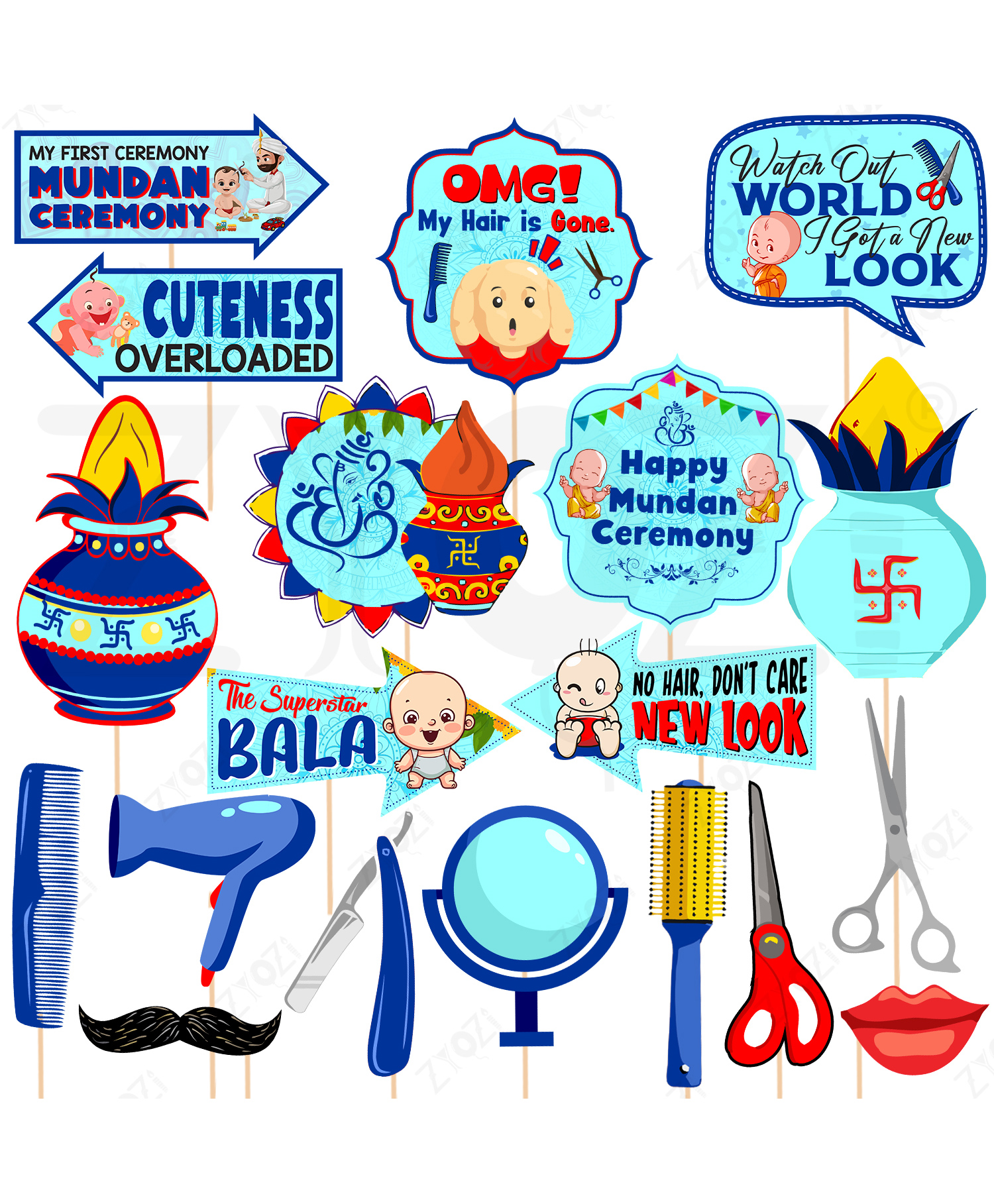 Zyozi Mundan Ceremony Decorations Photo Booth Props Blue - Pack of 19-picture-34