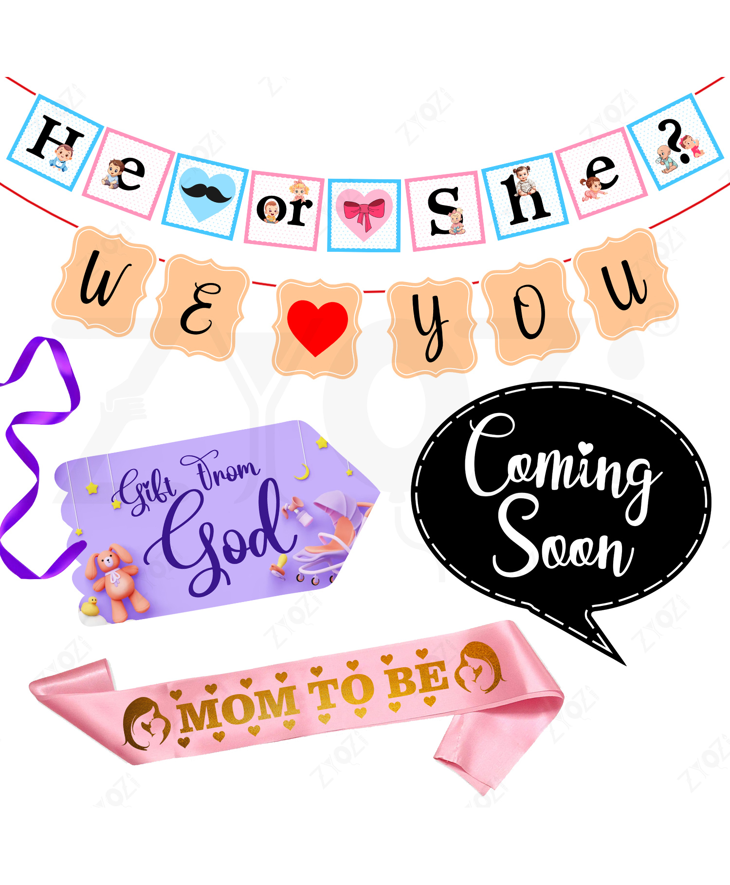 Zyozi Baby Shower Decorations Kit, He Or She & We Love U Banner, Sash, Cardstock & Tag Multicolor - 5 Pcs-picture-16