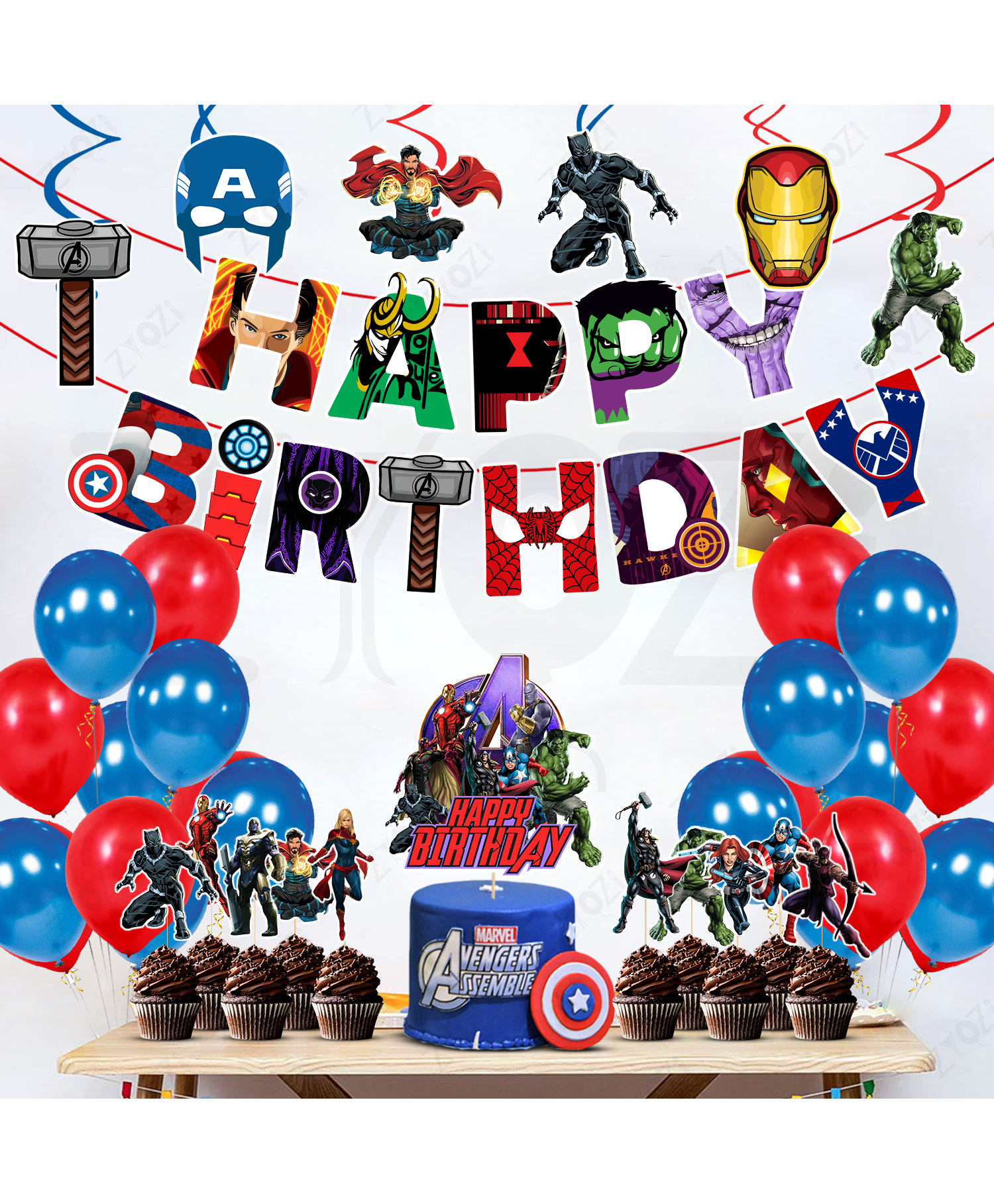 Zyozi Superhero Birthday Decorations Combo Items For Kids - Paper Banner, Balloons, Cake-Cup Cake Topper, Swirls Hanging Pack Of 43-image-33