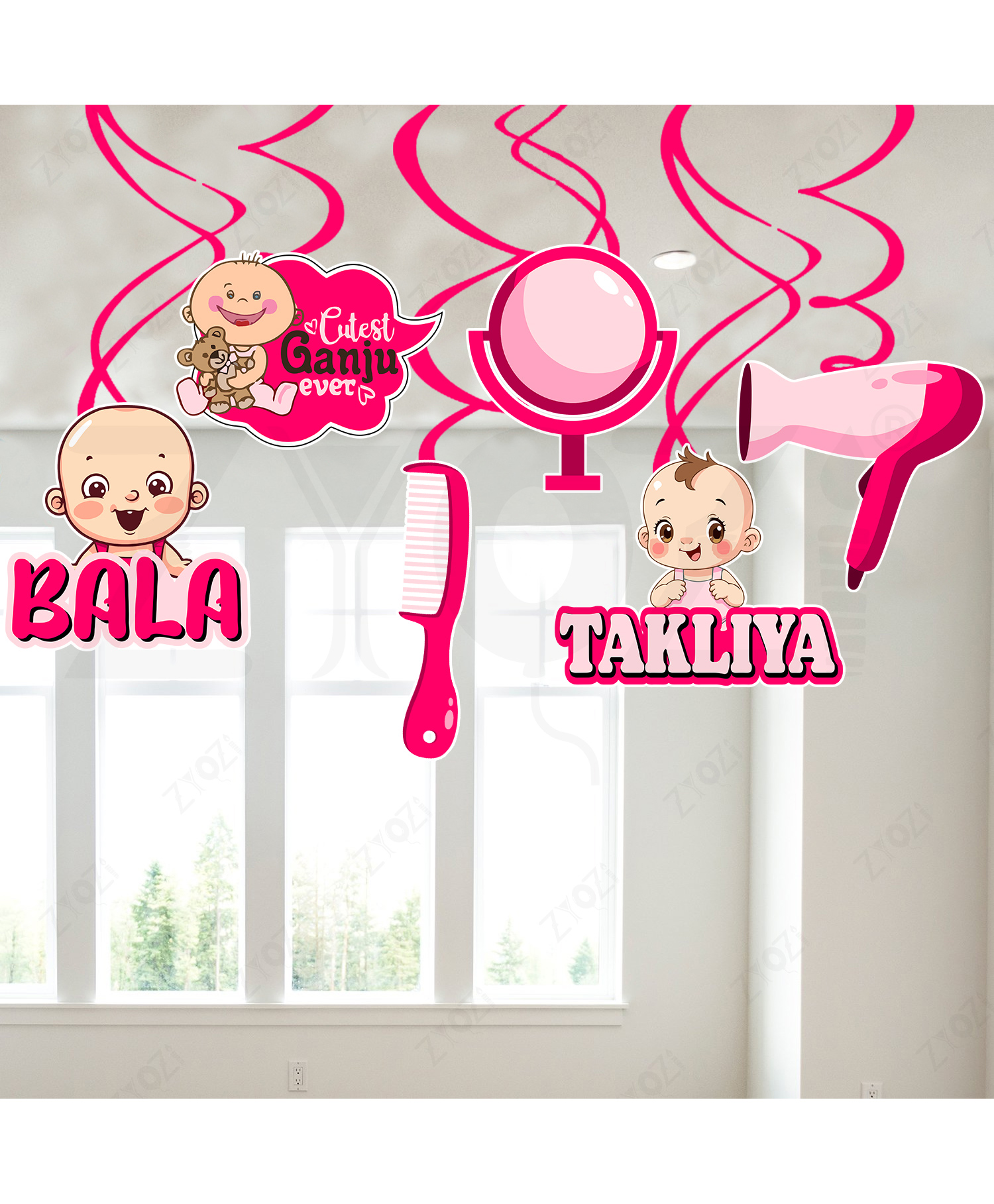 Zyozi Pink Theme Hair Cut Decorations Hanging Swirls | Baby First Hair Cut Decorations Kit - Pack Of 6-picture-45