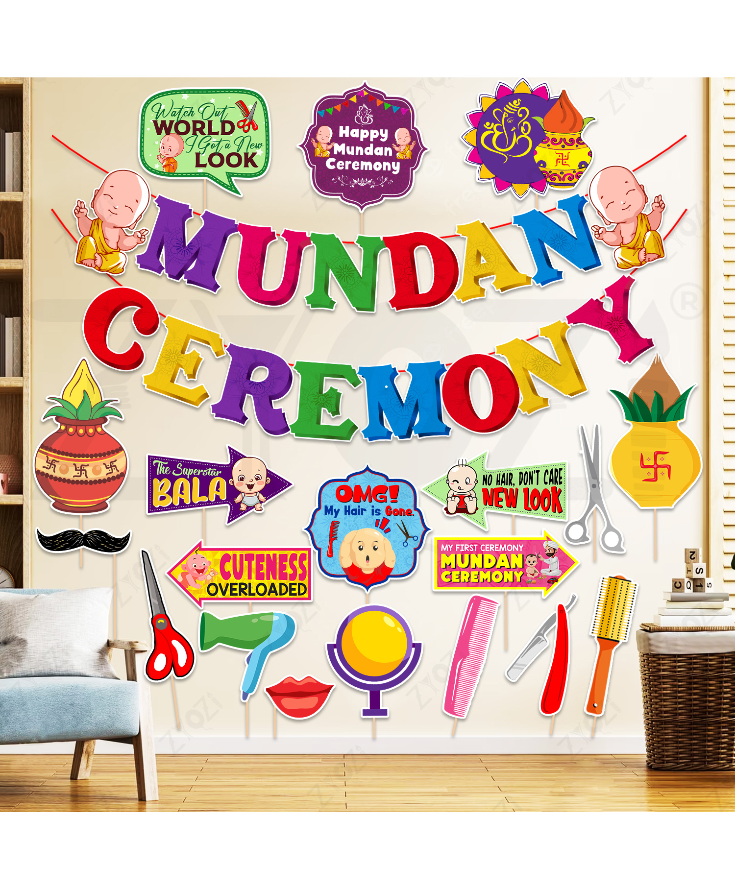 Zyozi Mundan Ceremony Decorations Item for Kids Banner & PhotoBooth Props - Pack of 20-picture-15