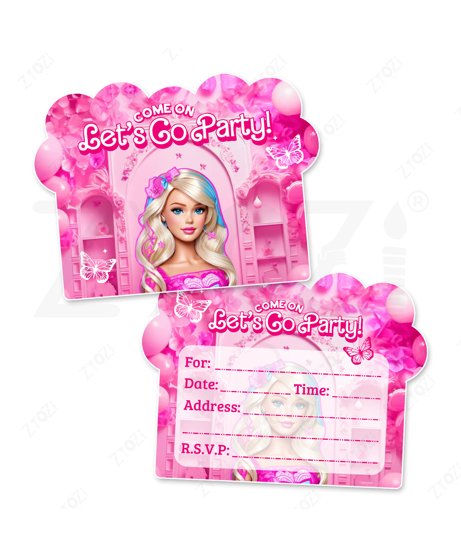 Zyozi Barby Theme Invitation Cards for Kids Birthday Pink - Pack Of 16