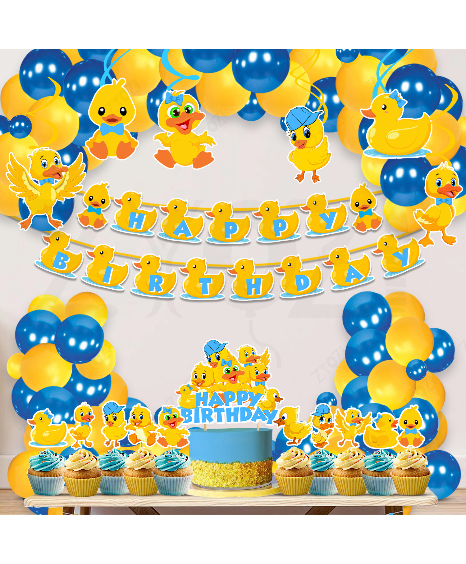 Zyozi Baby Duck Theme Decorations Items Banner, Balloons, Cake & Cupcake & Swirls Hangings - Pack Of 43-image-18