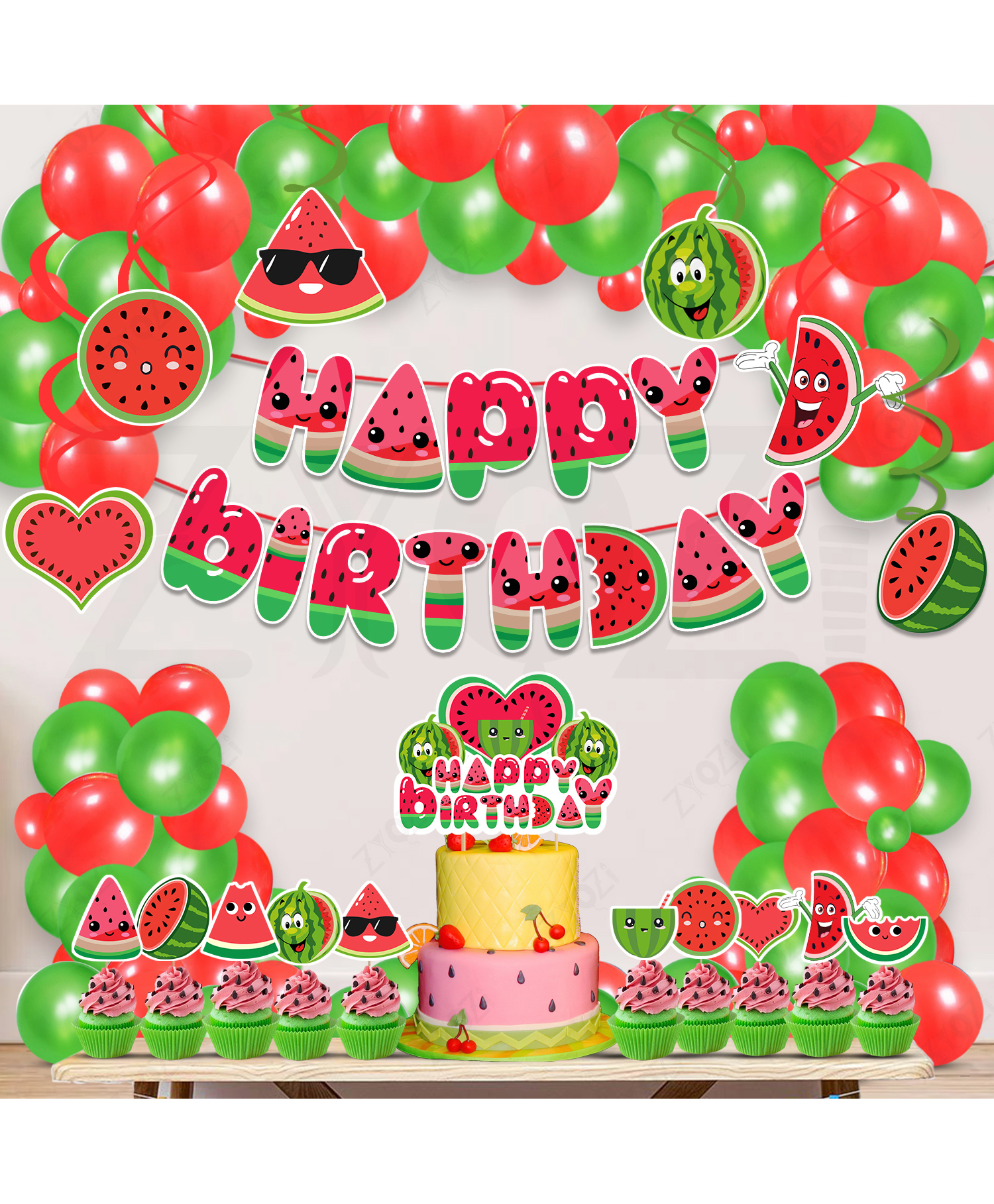 Zyozi Watermelon Theme Birthday Party Decorations Combo For Kids Red And Green - Pack Of 43-image-17