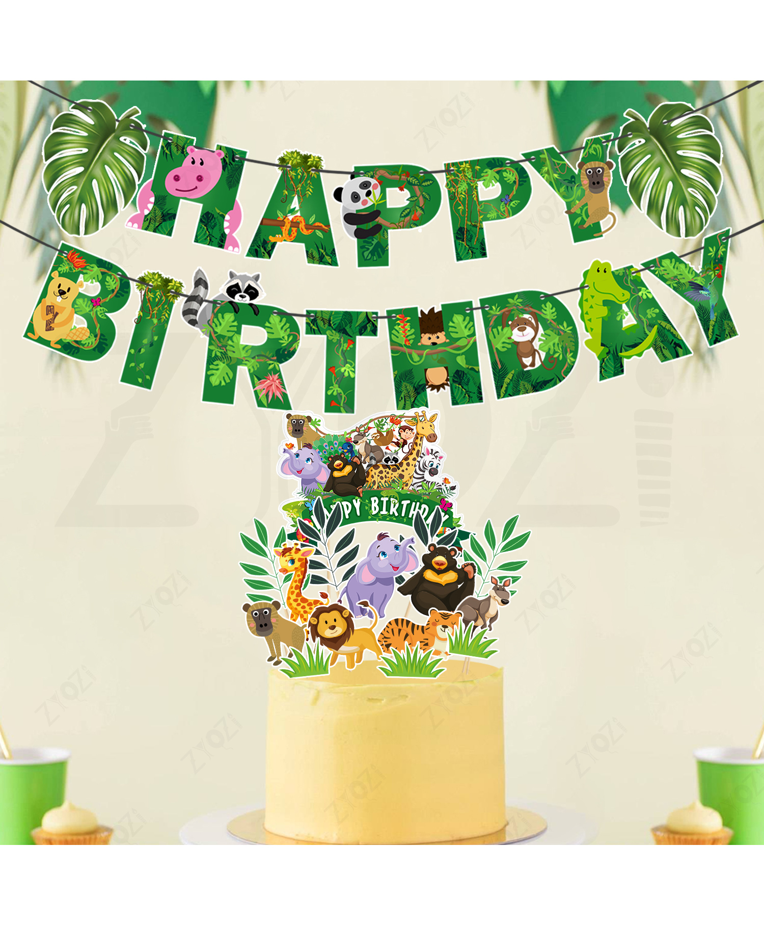 Zyozi Jungle Theme Birthday Decorations Paper Banner, Cake & CupCake Topper-Set Of 16-image-24
