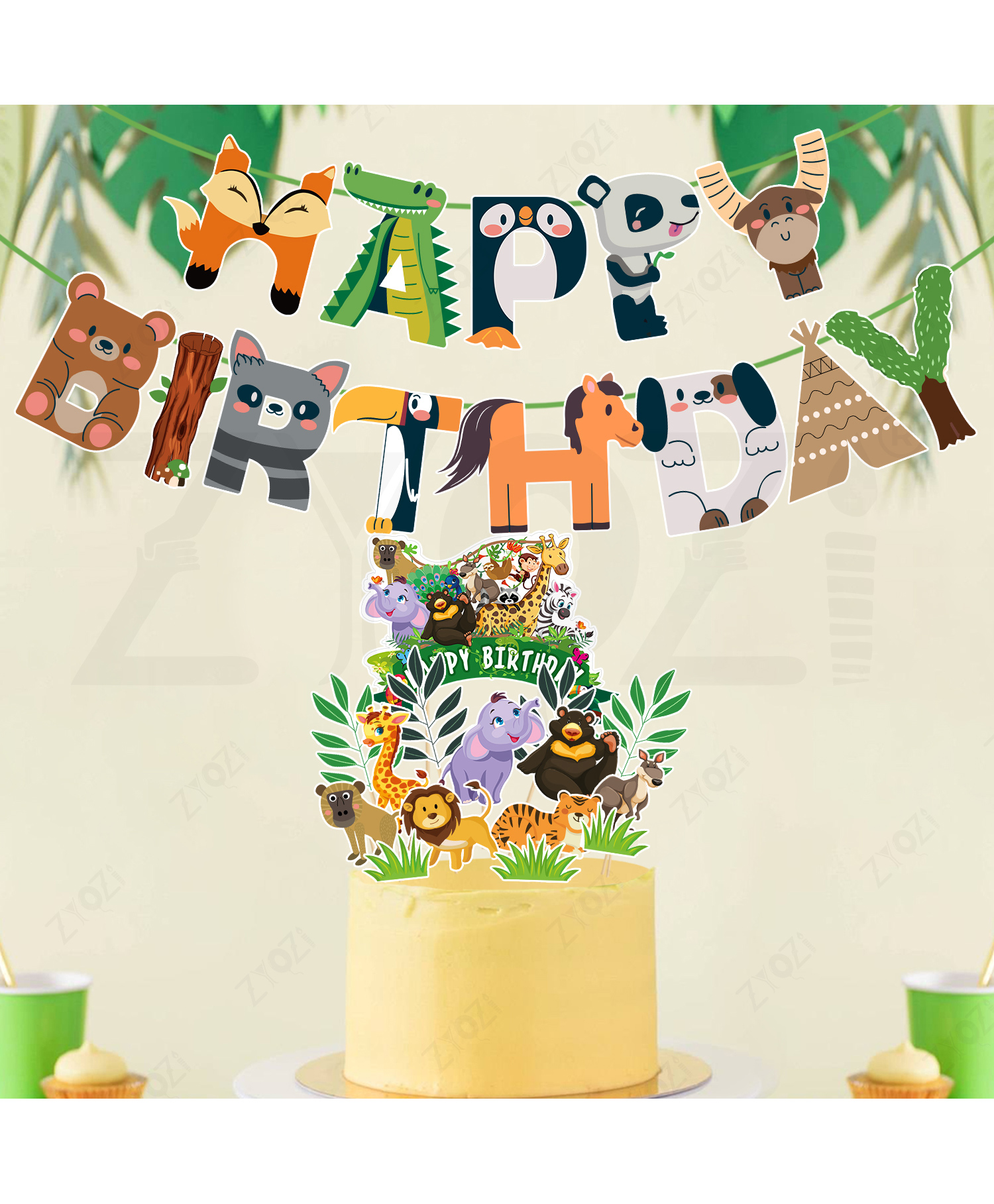 Zyozi Jungle Birthday Decorations Set - Banner, Cake & CupCake Topper-Set Of 16-image-6