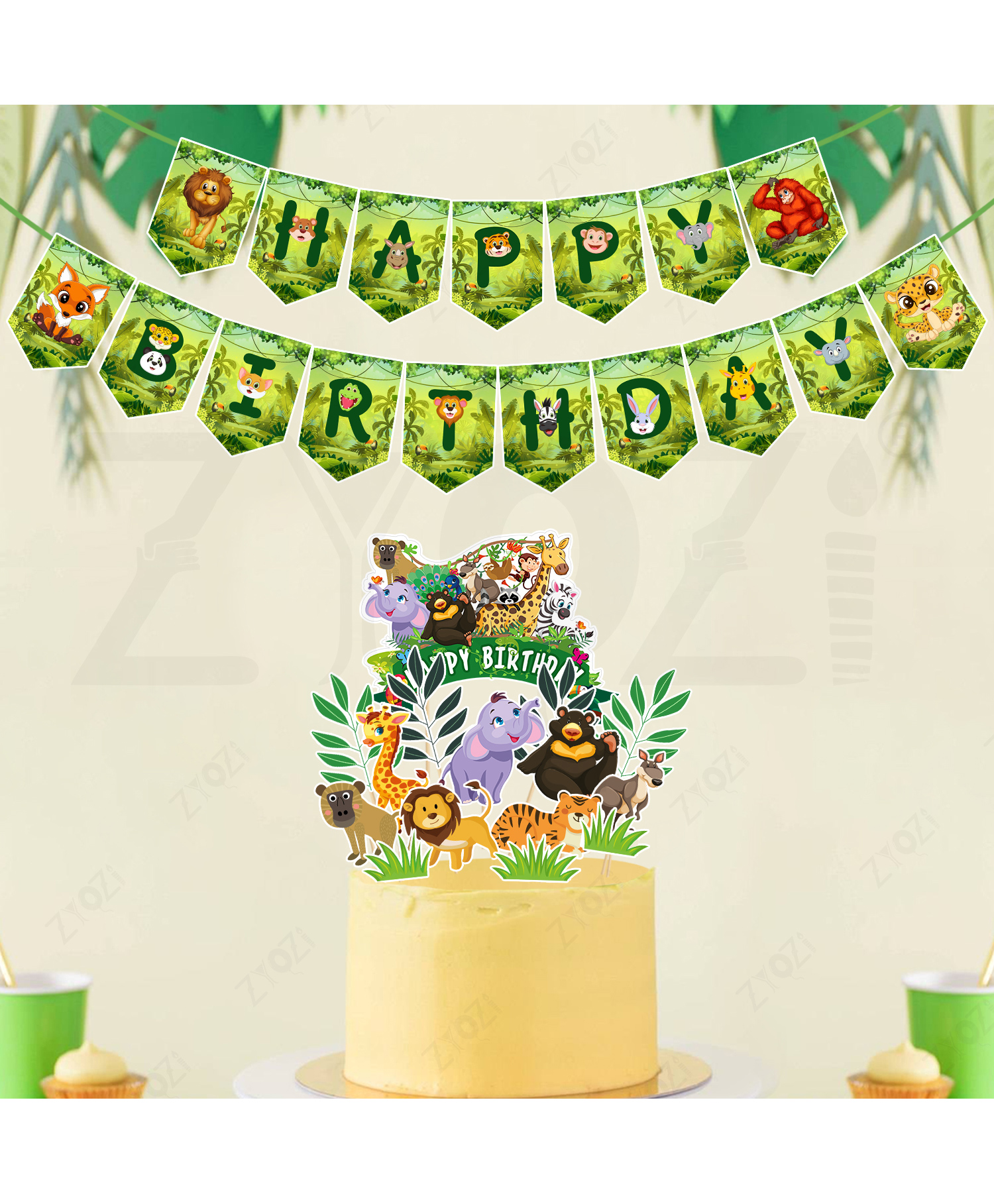 Zyozi Jungle Theme Birthday Decor Combo Banner, CupCake Topper & Cake Topper - Set Of 16-image-45