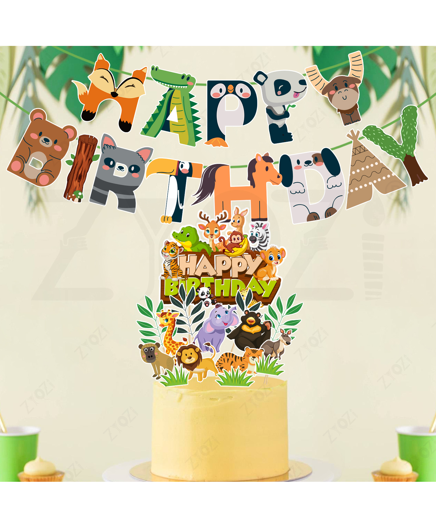 Zyozi Jungle Safari Birthday Combo - Banner, Cake & CupCake Topper For Birthday Decorations Pack Of 16-image-43