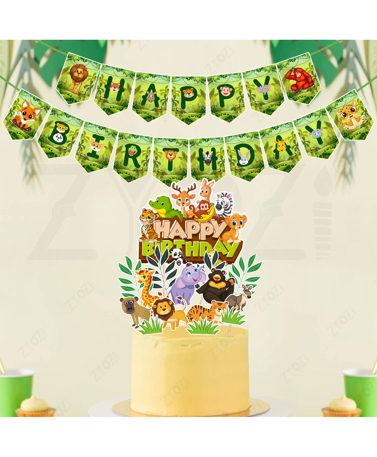 Zyozi Safari Birthday Kit Decorations - Cake-Cupcake Topper & Banner Green-Pack Of 16-image-37