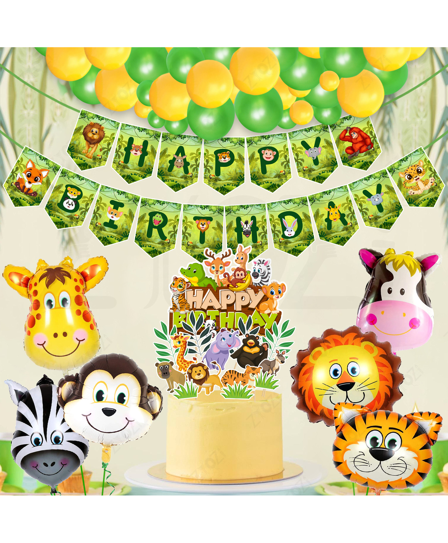 Zyozi Jungle Safari Birthday Decorations- Banner, Cake-Cupcake Topper, Foil Balloons & Balloons- Set Of 47-image-25