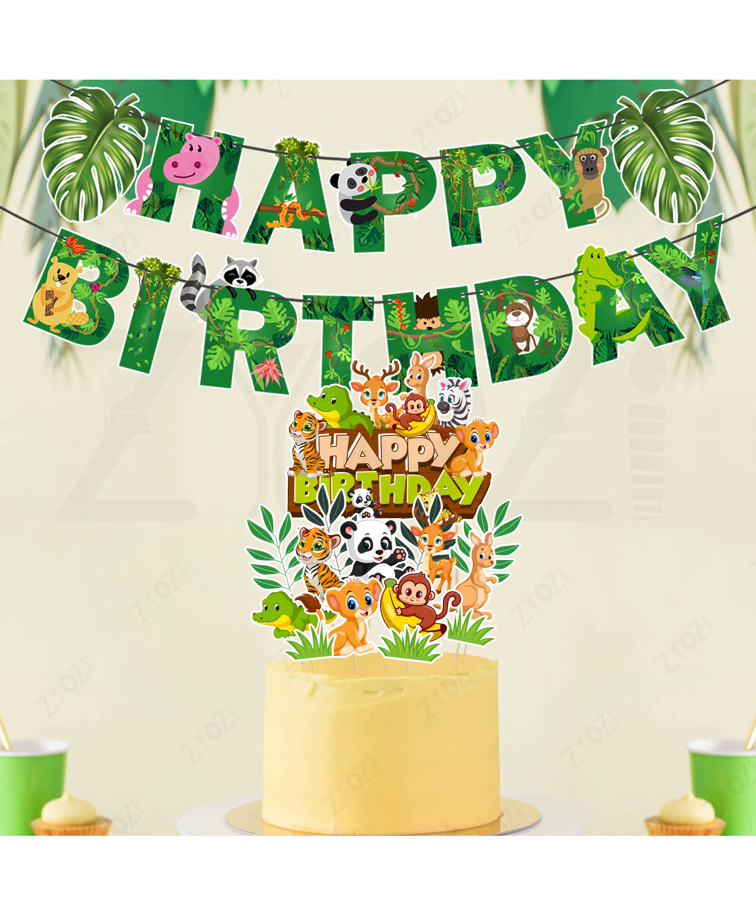 Zyozi Jungle Theme Birthday Decorations Banner, Cake & CupCake Topper - MultiColor (Pack Of 16)-image-42