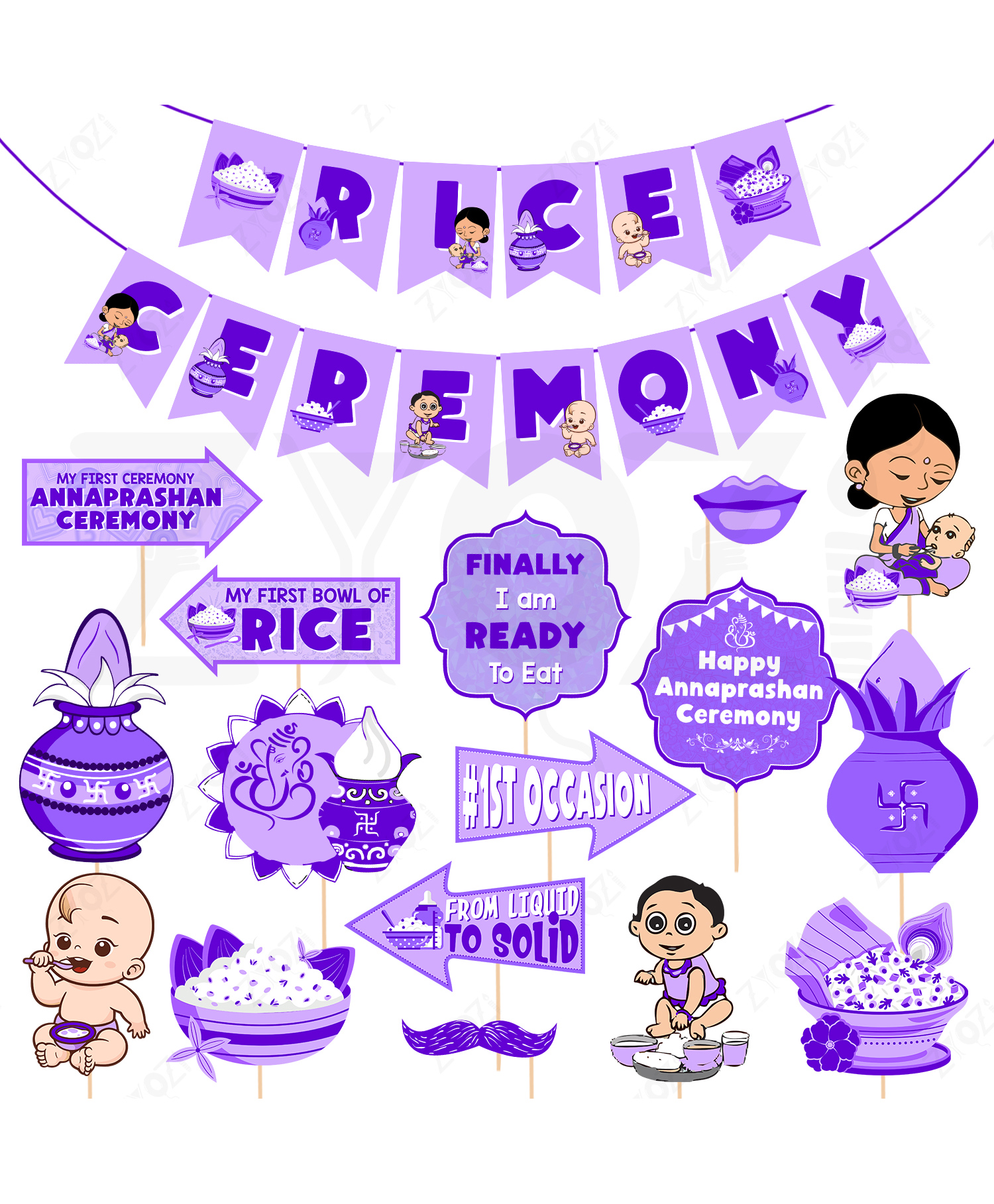 Zyozi Baby Annaprashan Ceremony Backdrop Decorations - Banner & Photo Booth Props - Pack of 17 Purple & White-picture-36