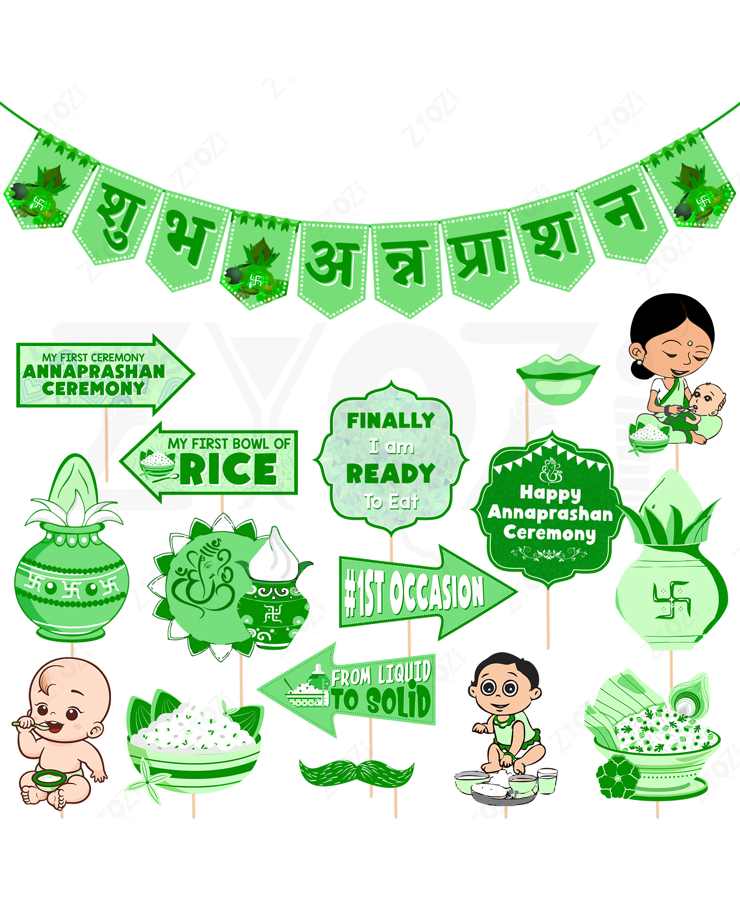 Zyozi Shubh Annaprashan Decorations Items -Photo Booth Props & Banner Green - Pack of 17-picture-40