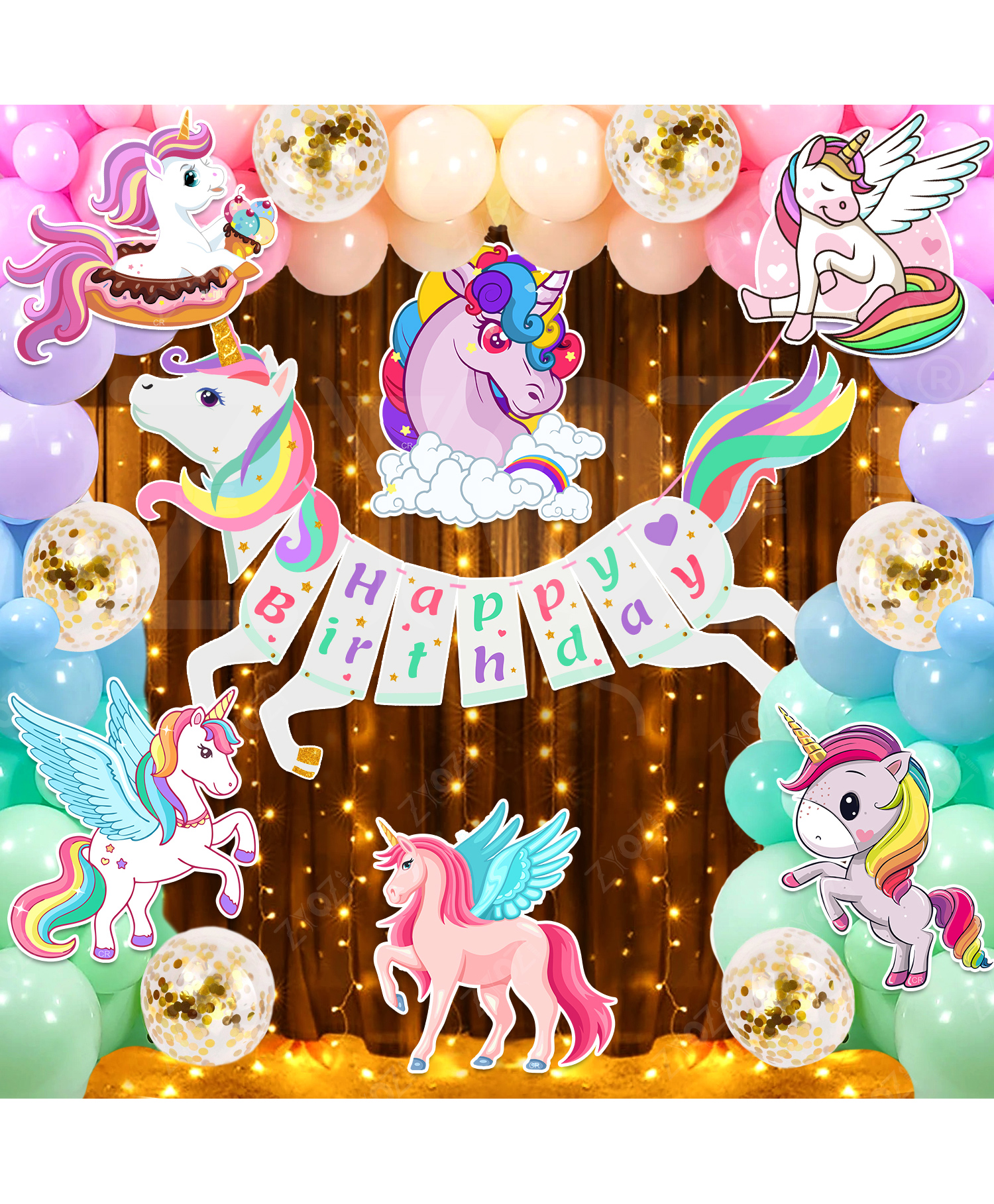 Zyozi Unicorn Theme Birthday Combo Banner, Balloons, CardStock, Confetti Balloons, Rice Light Multicolor - Pack Of 55-image-35