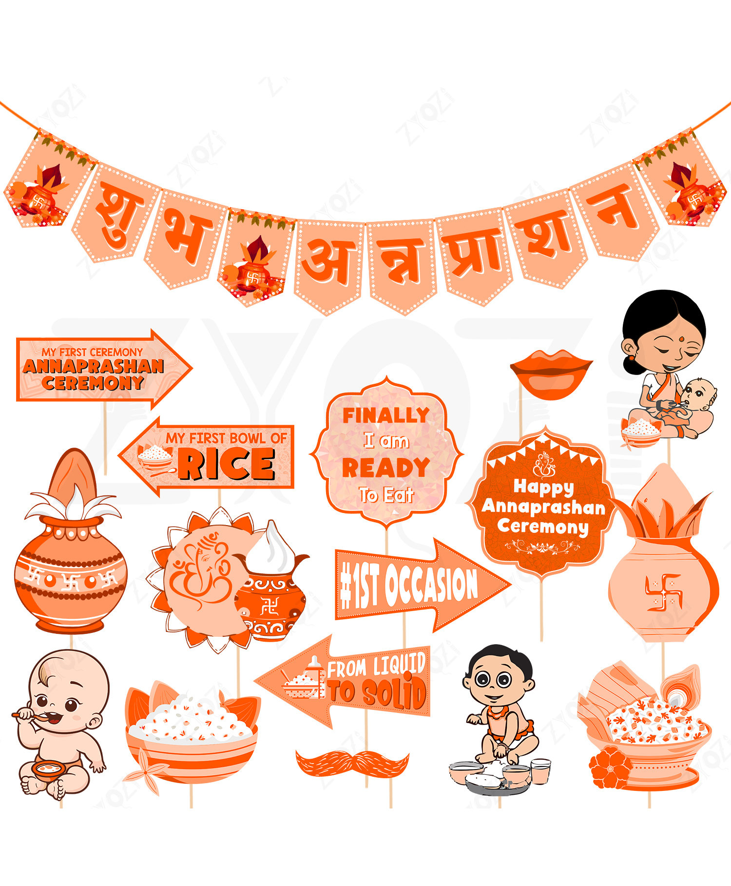 Zyozi Shubh Annaprashan Decorations Banner & Photo Booth Props Orange - Pack of 17-picture-44
