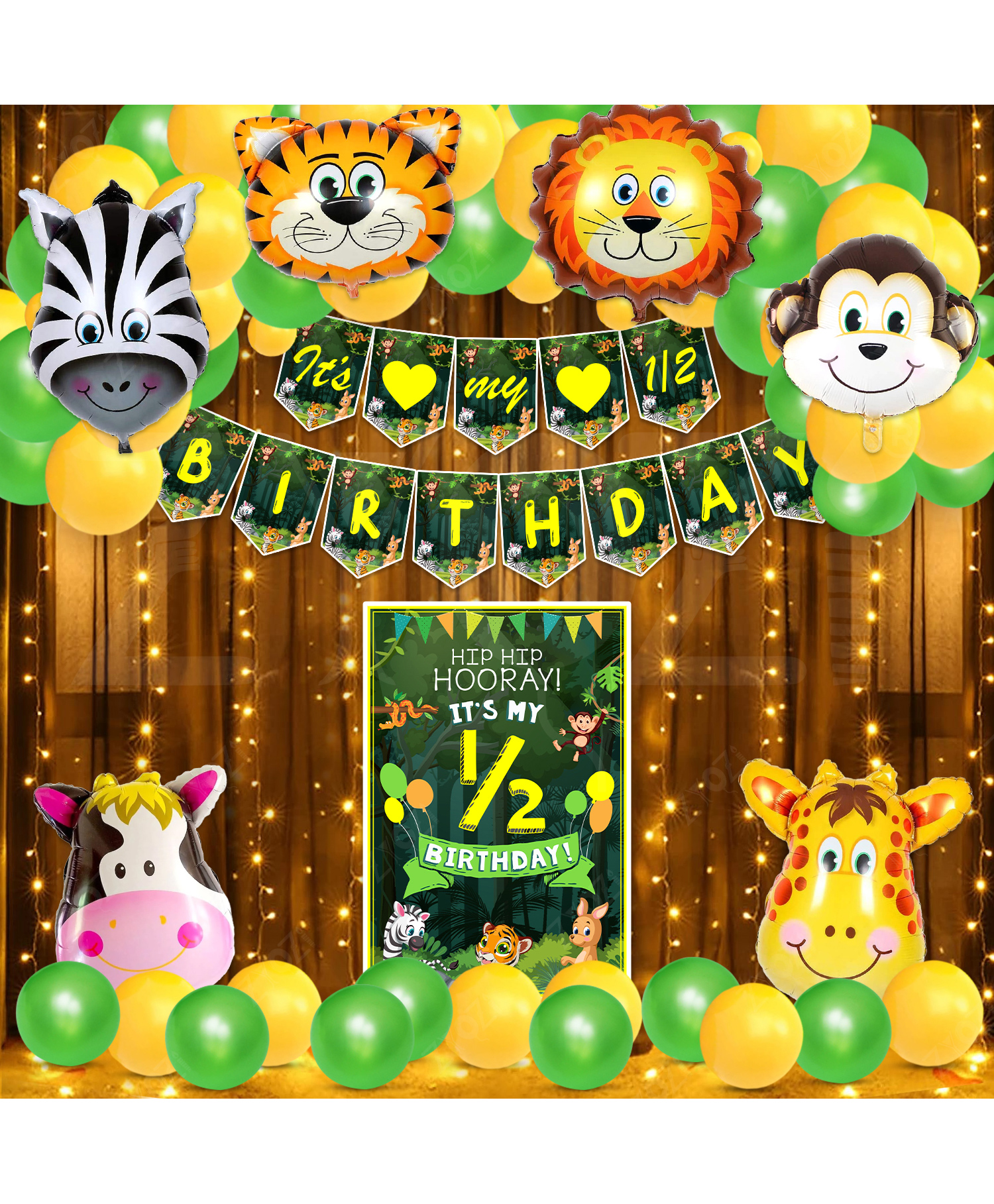 Zyozi Safari Theme Half Birthday Decorations Combo Green and Yellow - Pack Of 39-image-33