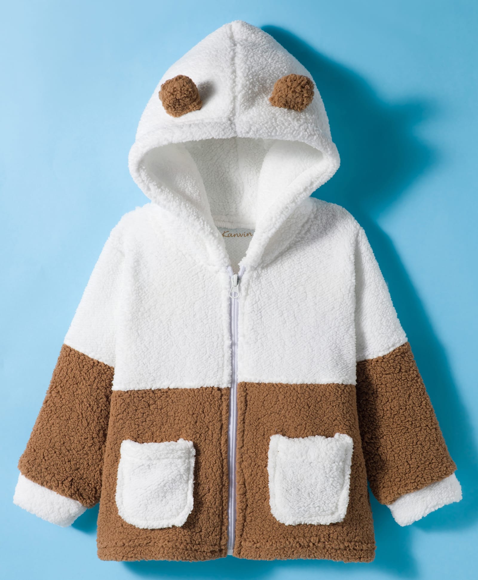 Kanvin Knit Full Sleeves Hooded Sweatjacket With Ear Applique & Color Block Design - Brown & White-picture-26