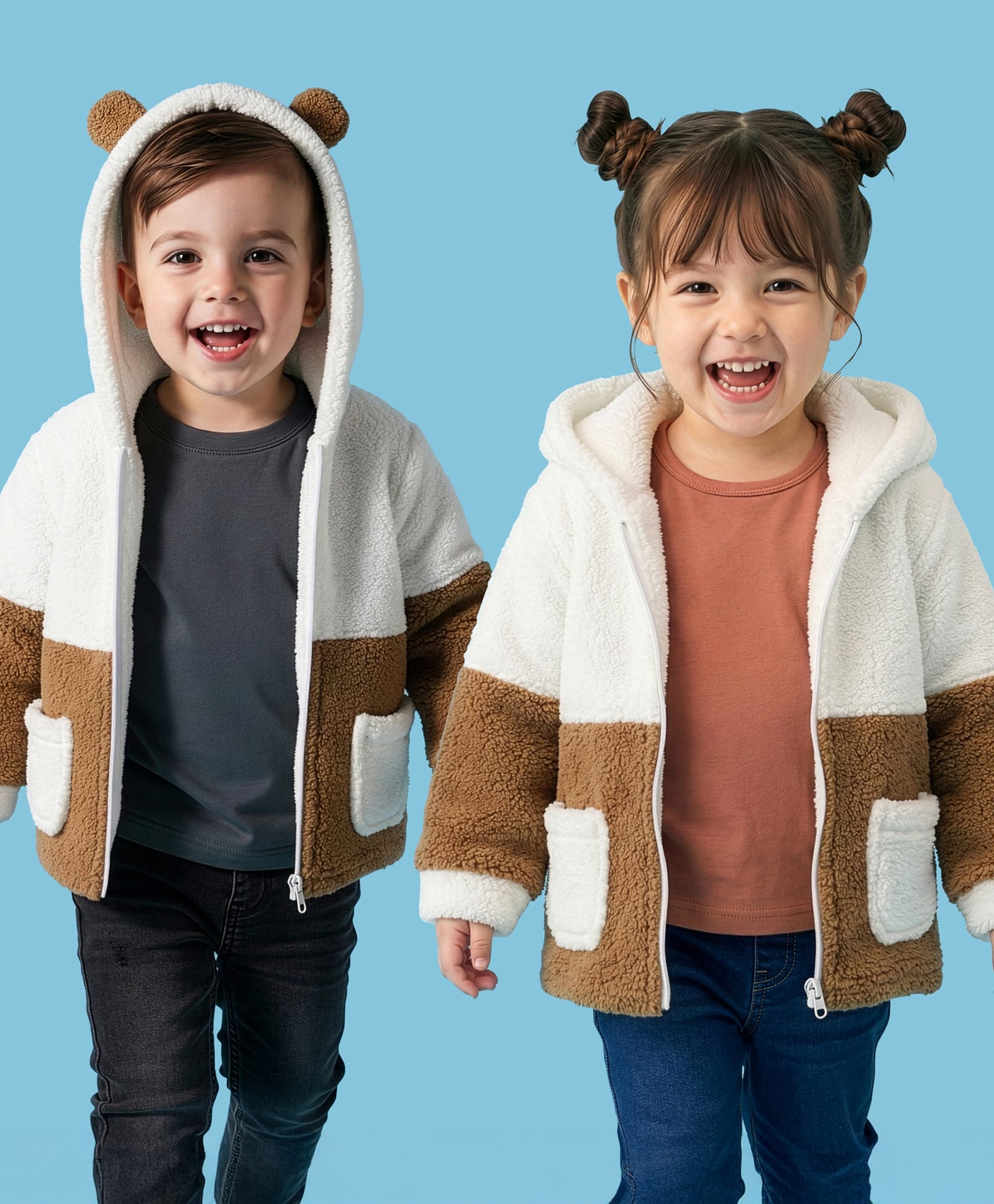 Kanvin Knit Full Sleeves Hooded Sweatjacket With Ear Applique & Color Block Design - Brown & White-picture-10