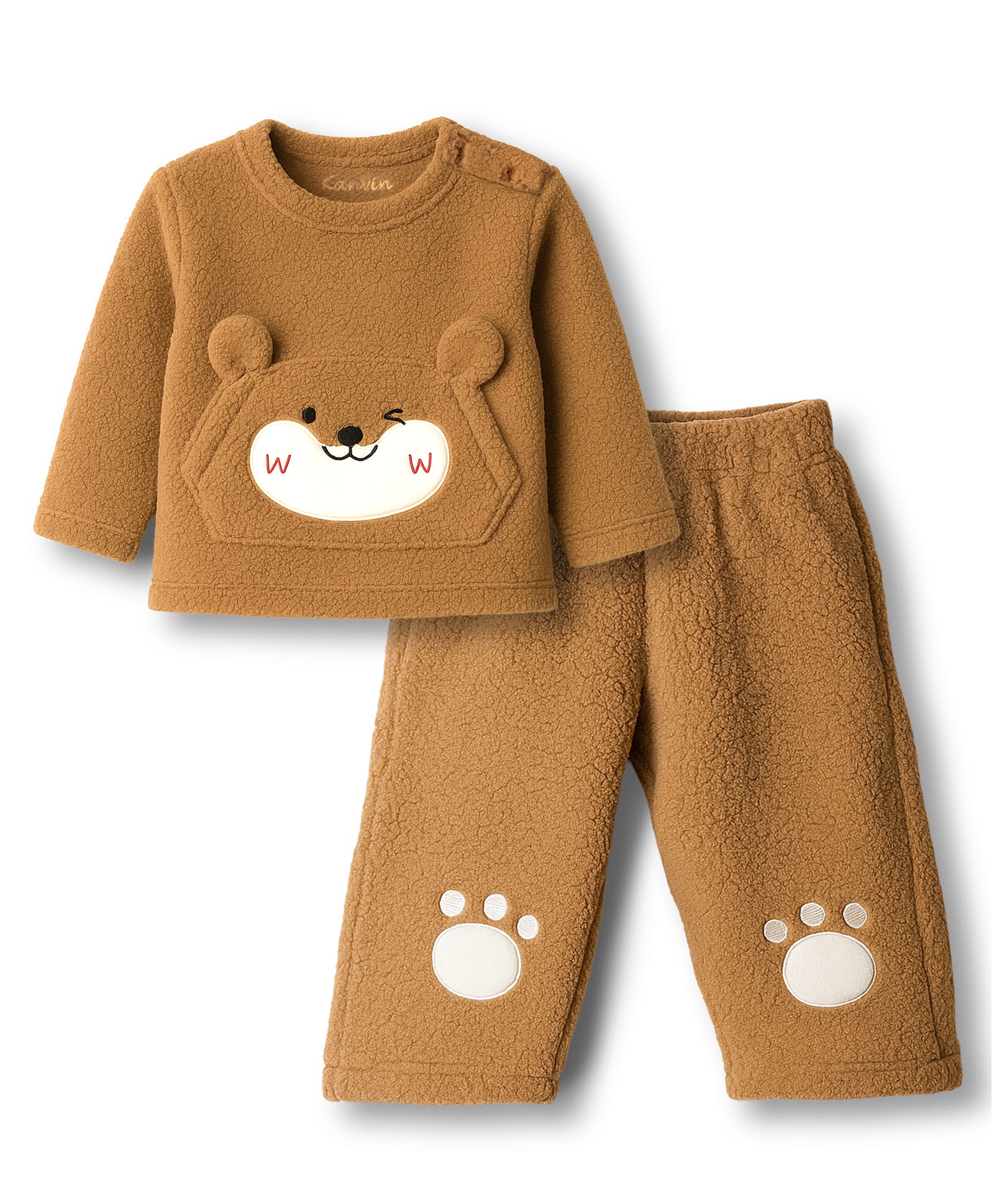 Kanvin Knit Full Sleeves Winter Wear Sweatshirt & Pant Set With Animal Face Applique - Brown-image-26