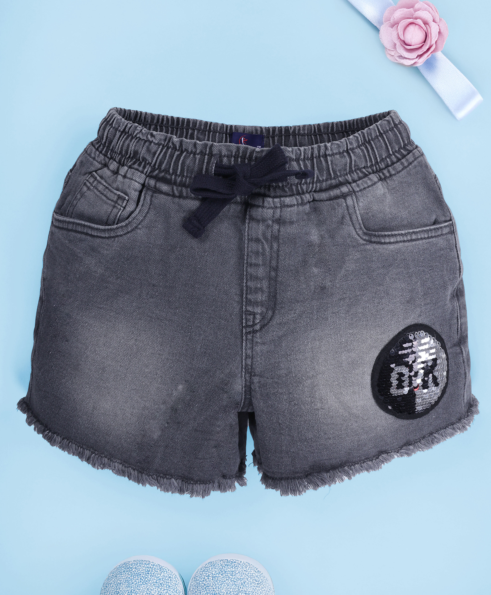 Kiddopanti Denim Woven Ok Text Shaped Reversible Sequins Embellished Mild Washed Shorts - Grey-picture-30