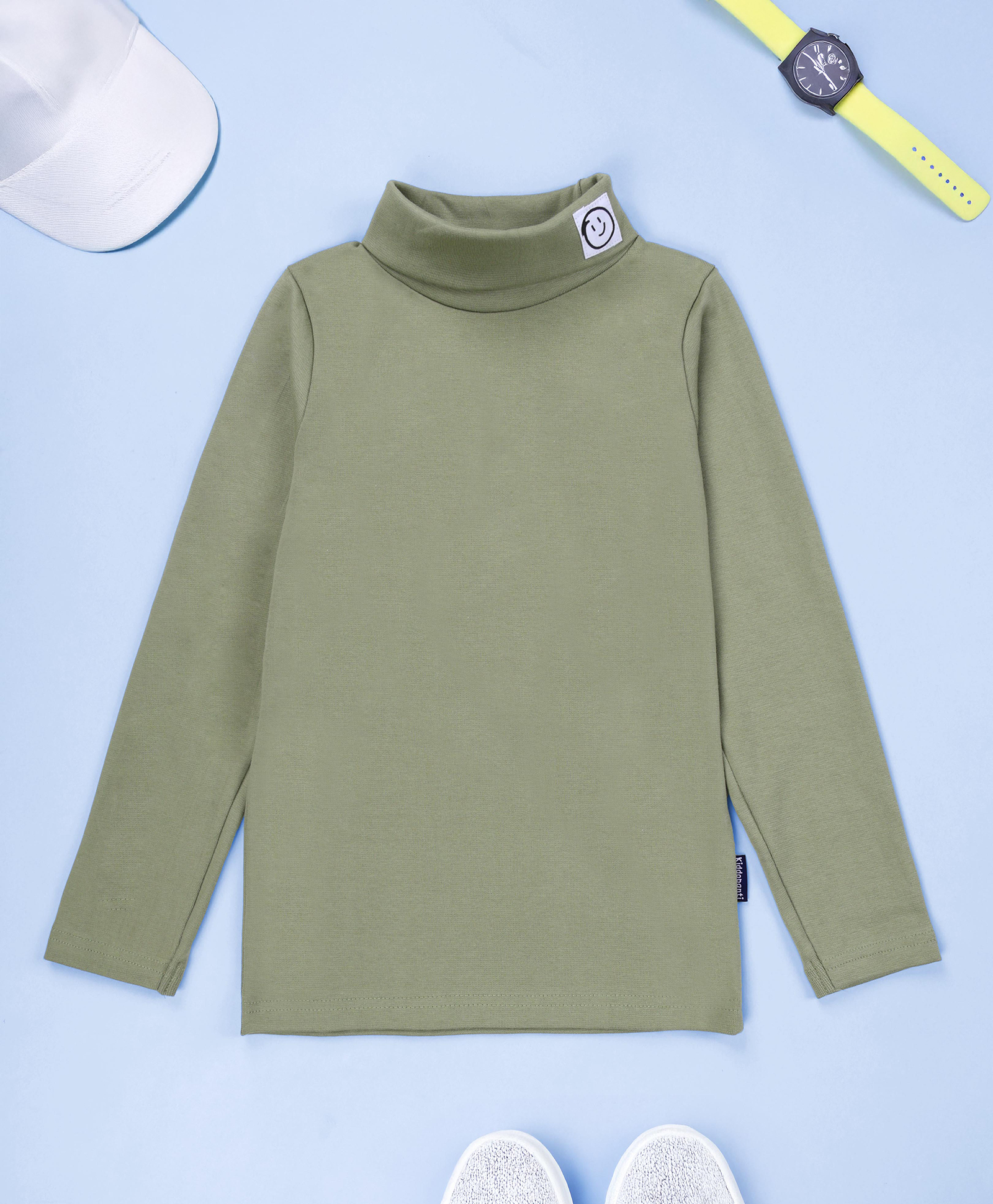 Kiddopanti Cotton Lycra Knit Full Sleeves Smiley Patch Detailed Skivi Tee - Light Green-picture-26