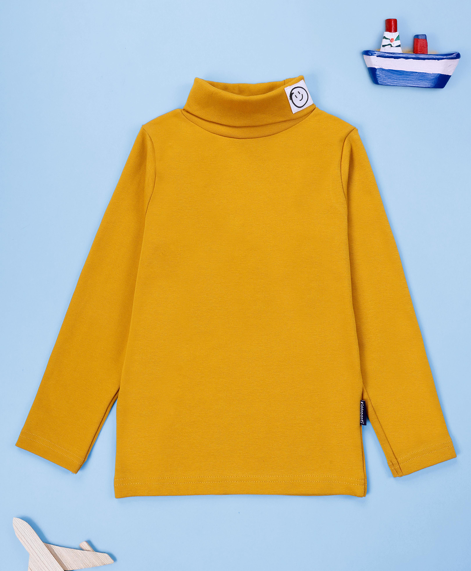 Kiddopanti Cotton Lycra Knit Full Sleeves Smiley Patch Detailed Skivi Tee - Mustard-picture-25