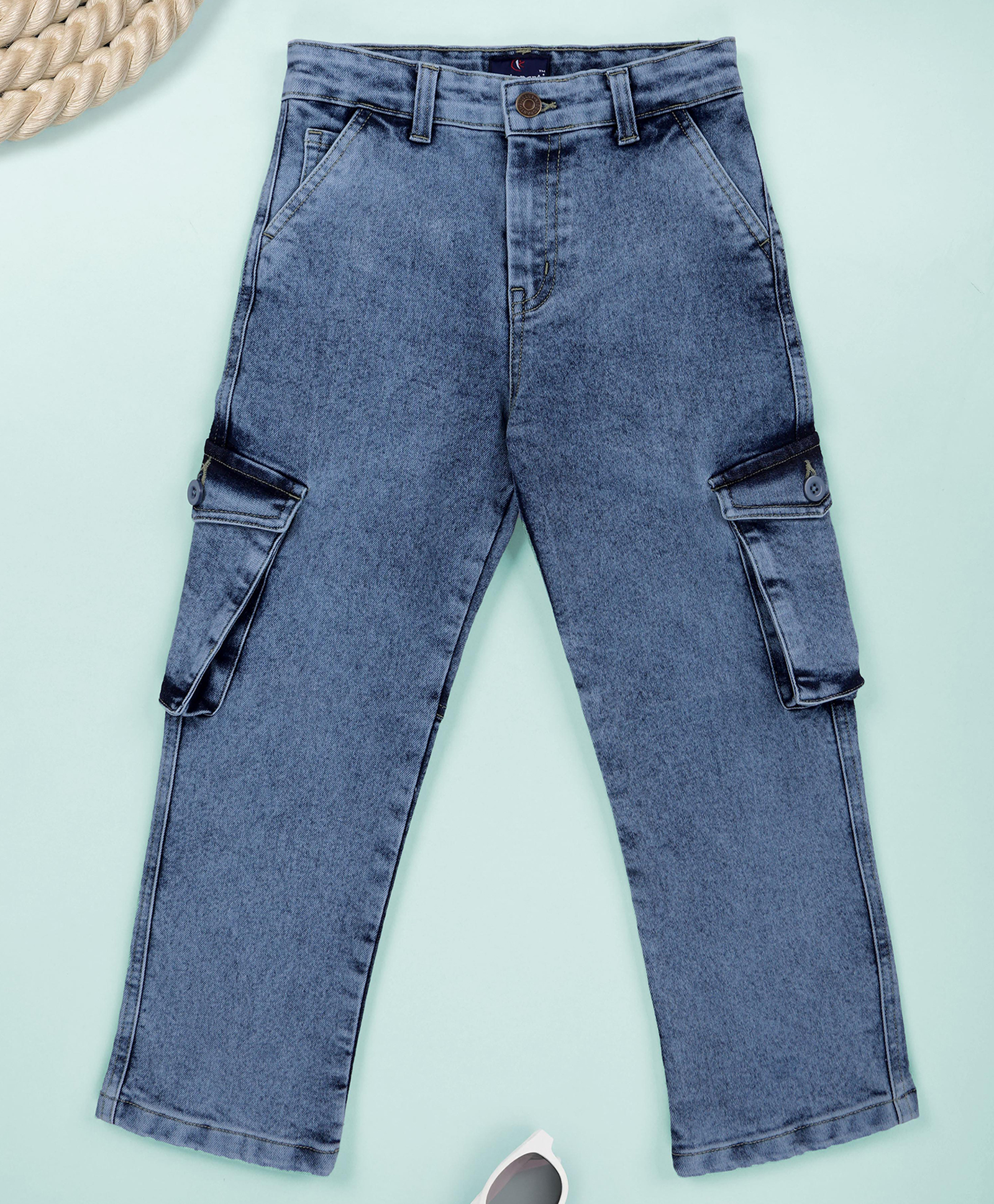Kiddopanti Denim Woven Mild Washed Cargo Jeans - Light Rag Wash Blue-picture-31