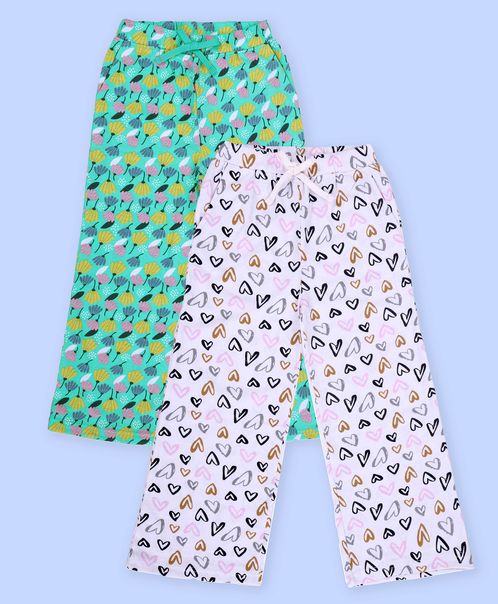 Kiddopanti Cotton Knit Pack Of 2 Floral & Hearts Printed Pajamas - Light Pink & Aqua Green-image-23