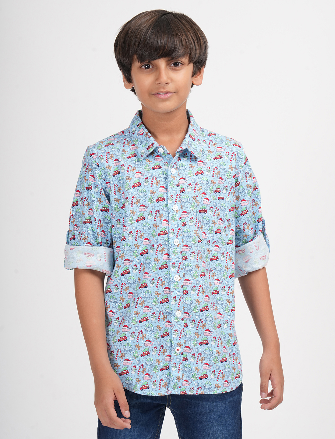 Zion Poplin Woven Full Sleeves Car & Snowman Printed Shirt - Blue-picture-41