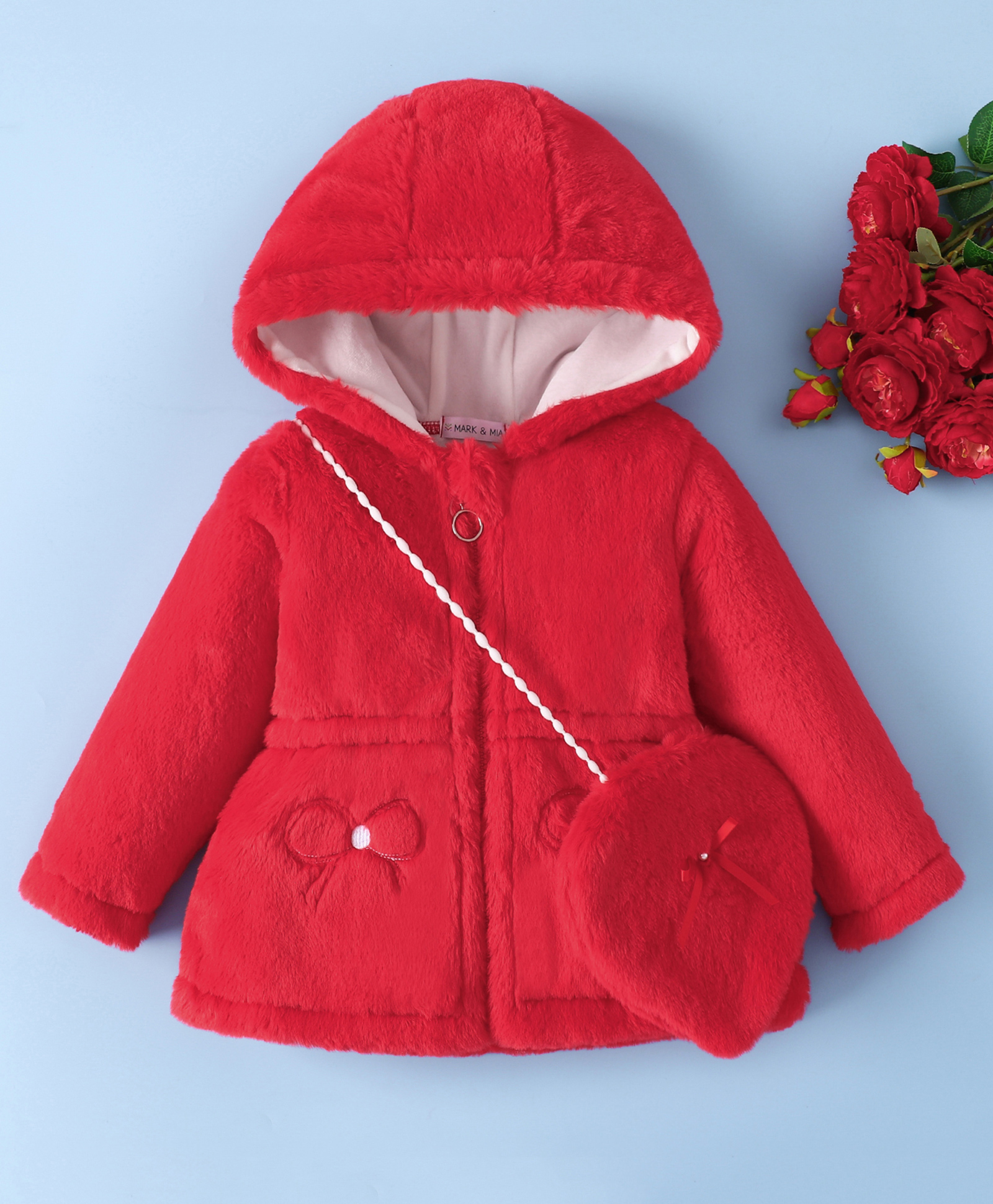 Mark & Mia Full Sleeves Solid Color Hooded Fur Winter Jacket with Sling Bag - Red-picture-16