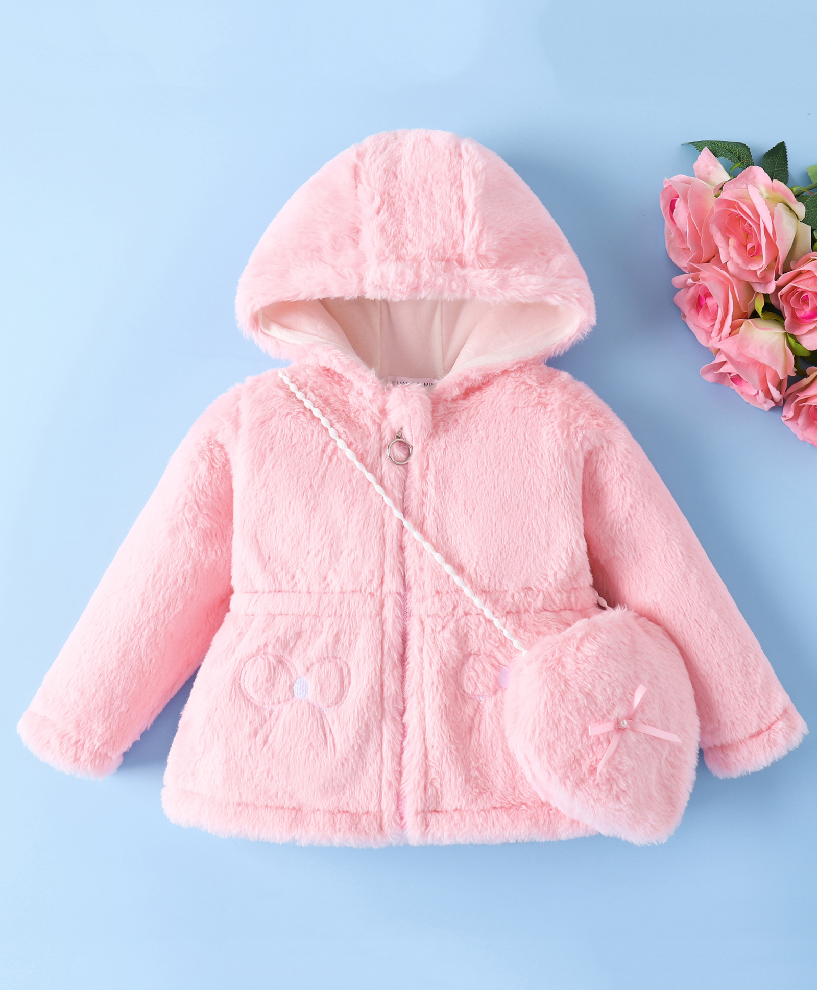 Mark & Mia Full Sleeves Solid Color Hooded Fur Winter Jacket with Sling Bag - Pink-picture-15