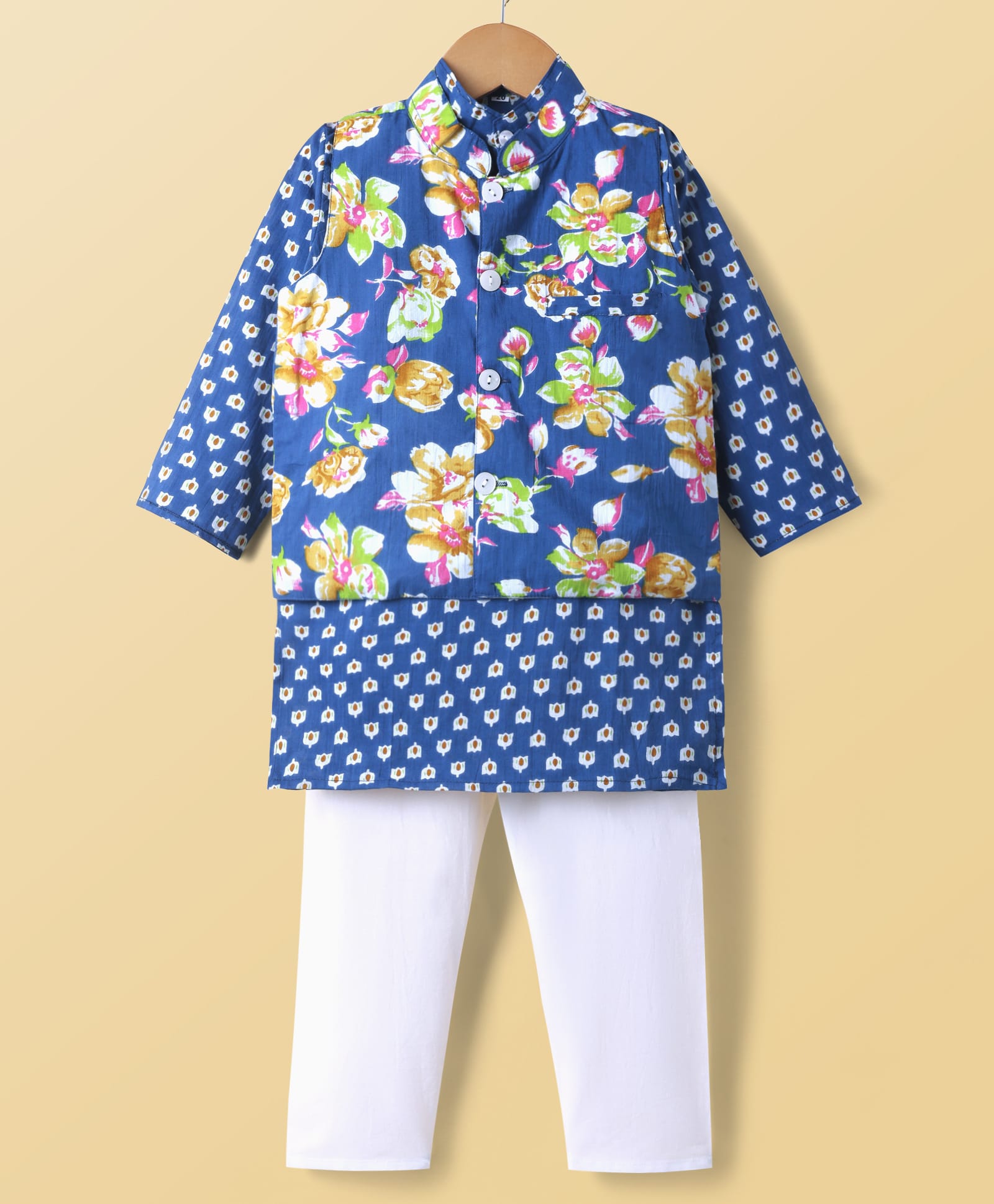 Teentaare Cotton Woven Full Sleeves Floral Printed Kurta Pyjama Set With Ethnic Jacket - Blue-image-0