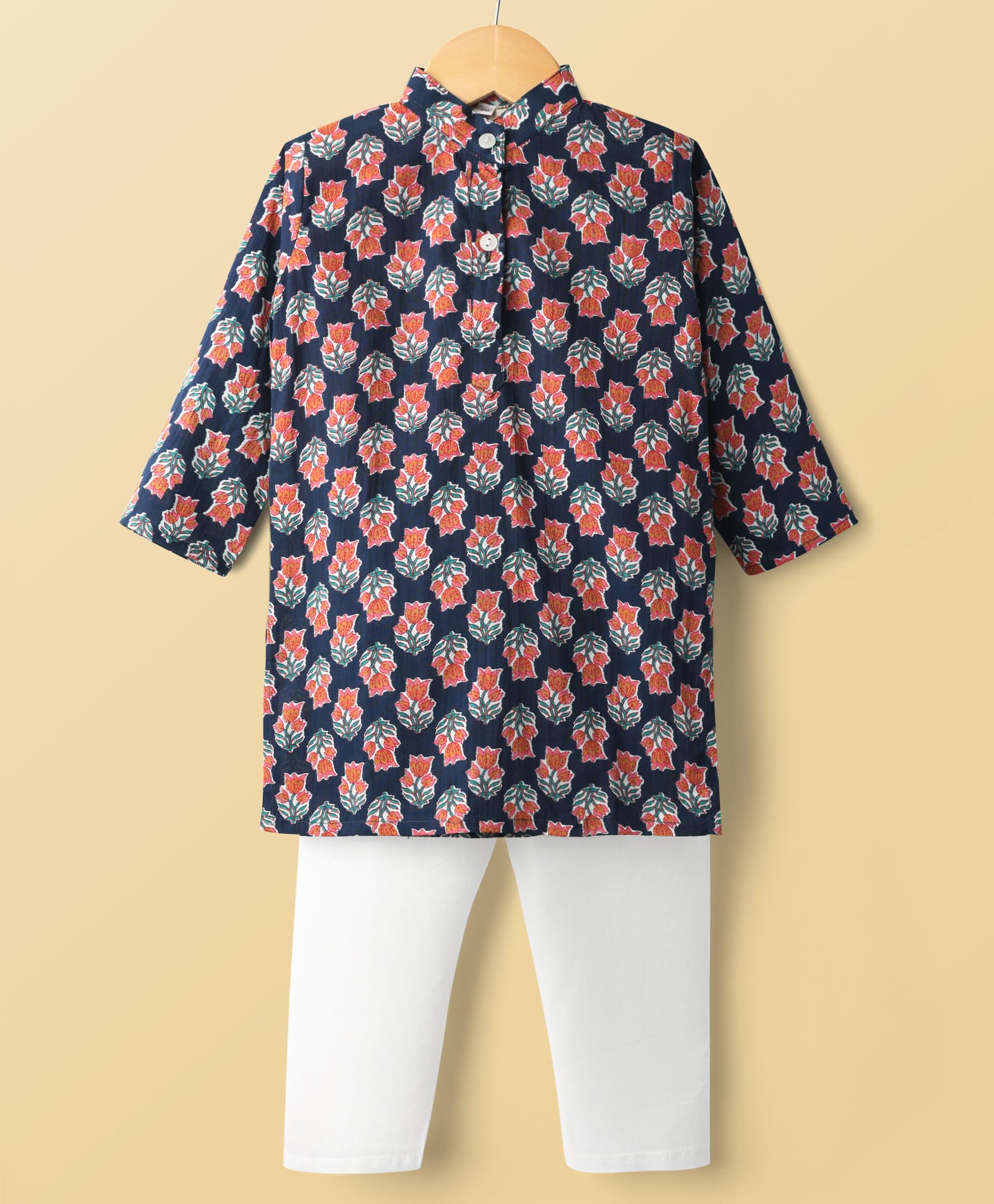Teentaare Cotton Woven Full Sleeves Floral Printed Kurta Pyjama Set - Navy Blue-image-36